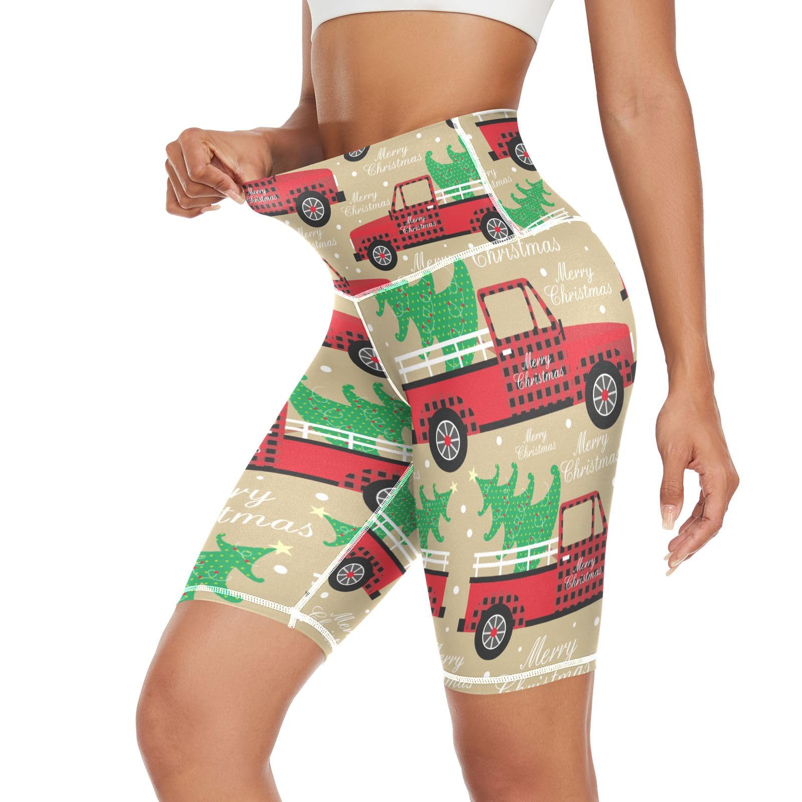 Aflyko Christmas Women Compression Pants Red Truck Green Xmas Tree Stretchy Yoga Leggings Athletic Bikers Bottoms Wide Waistband Cycling Running Shorts, M