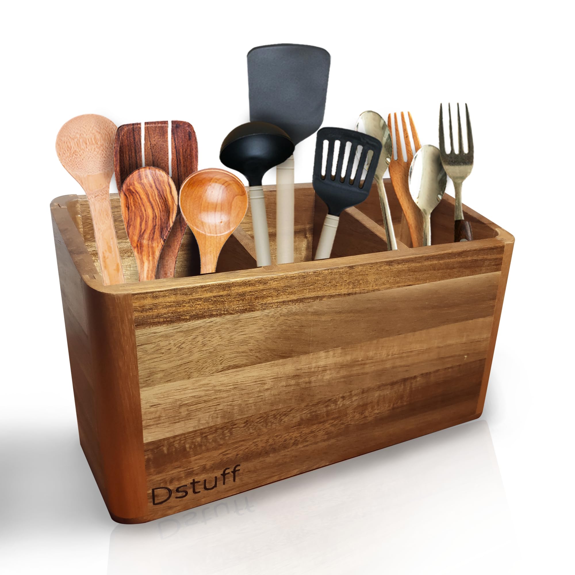 Dstuff Large Kitchen Utensil Holder Organizer for Counter or Countertop, Large Wooden Utensil Holder for Storage Cooking and Silverware with 3 Compartment, Acacia Rustic Wood Container Extra Large