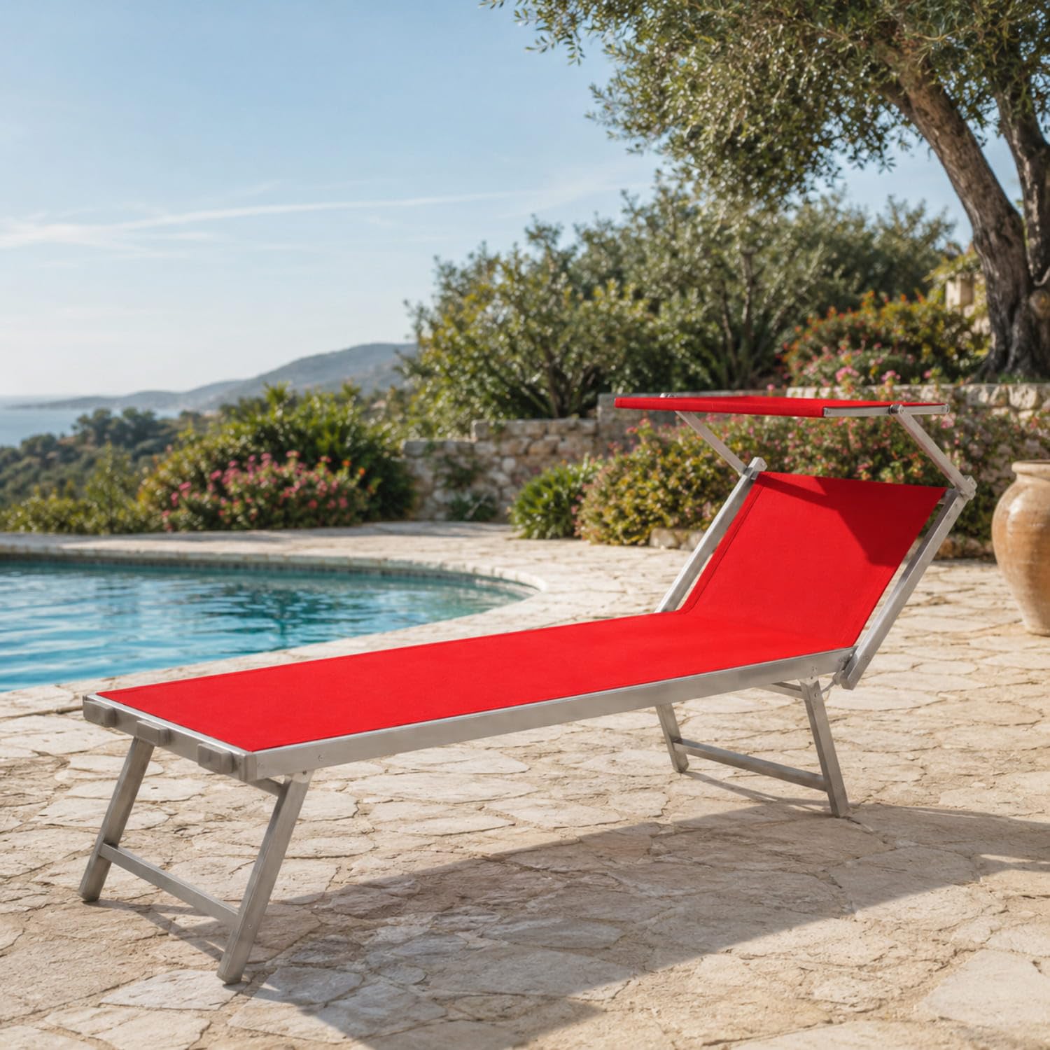 Bricozone Lettino Pieghevole Prendisole in Alluminio E Tessuto Textilene Professionale Con Tettuccio Parasole Orientabile Sdraio Per Mare Spiaggia Piscina Giardino 182 x 60 x 38 Cm Rosso