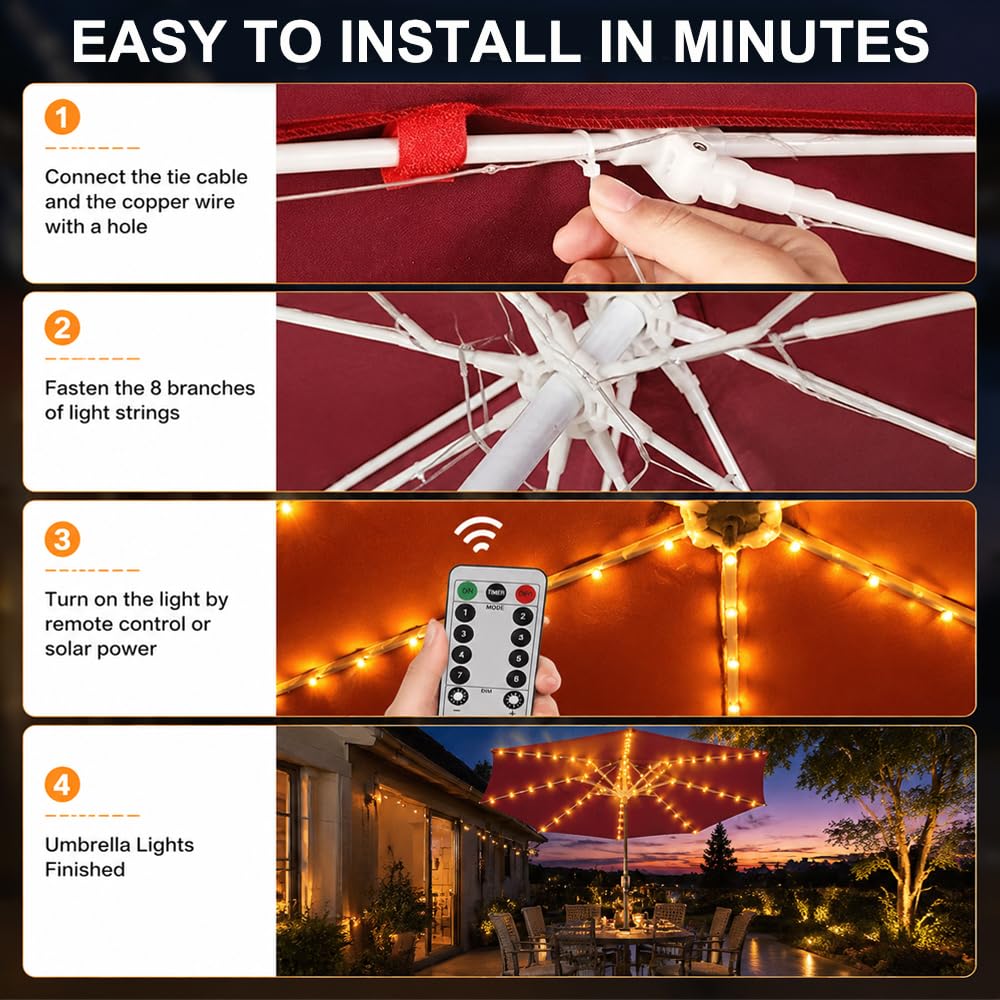 Luces LED para Sombrilla de Terraza Exterior, Guirnalda Impermeable IP65 con Mando a Distancia 8 Modos, Iluminación Recargable para Jardín, Sombrillas y Patio, Blanco Cálido (104 LED, 8 Tiras)