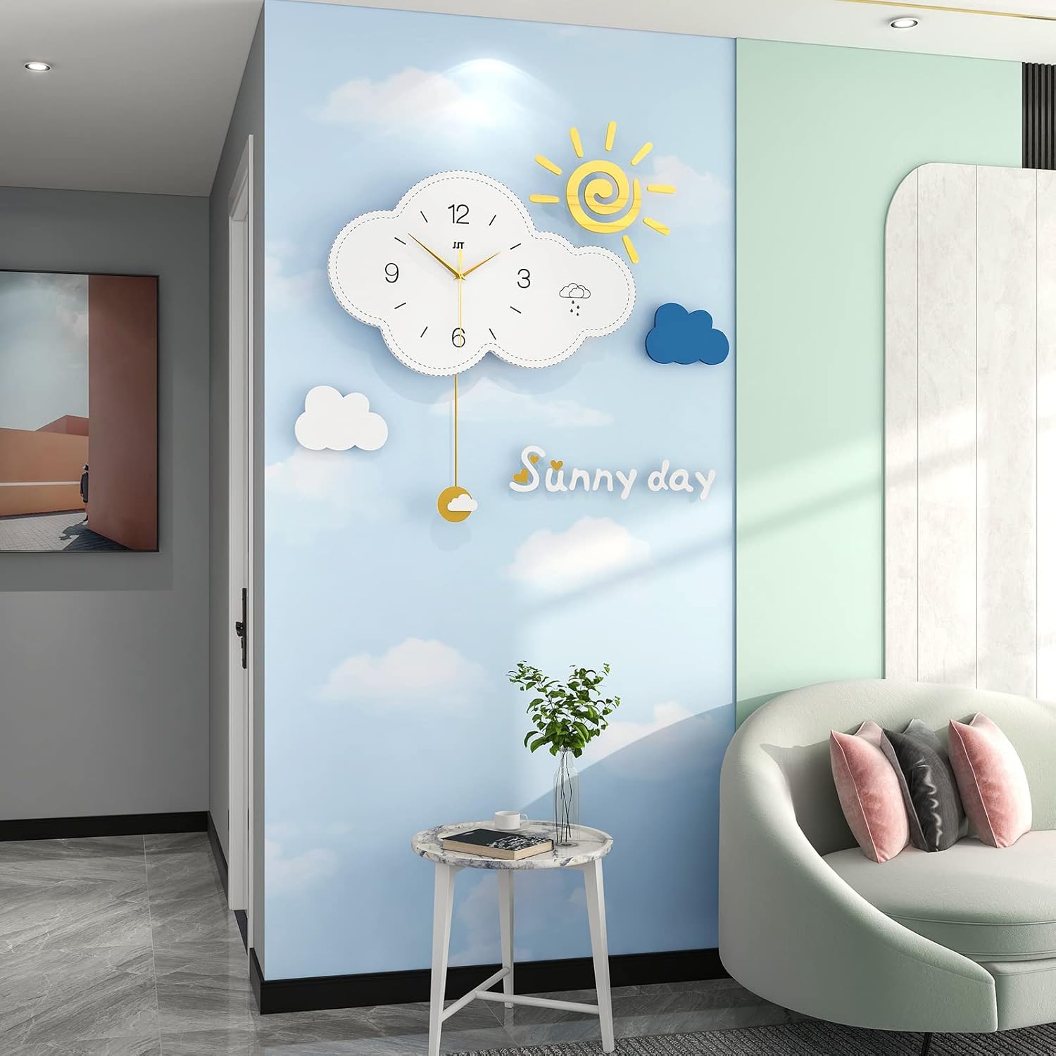 JUJUDA Large Wall Clock for Living Room Decor, Modern Cloud