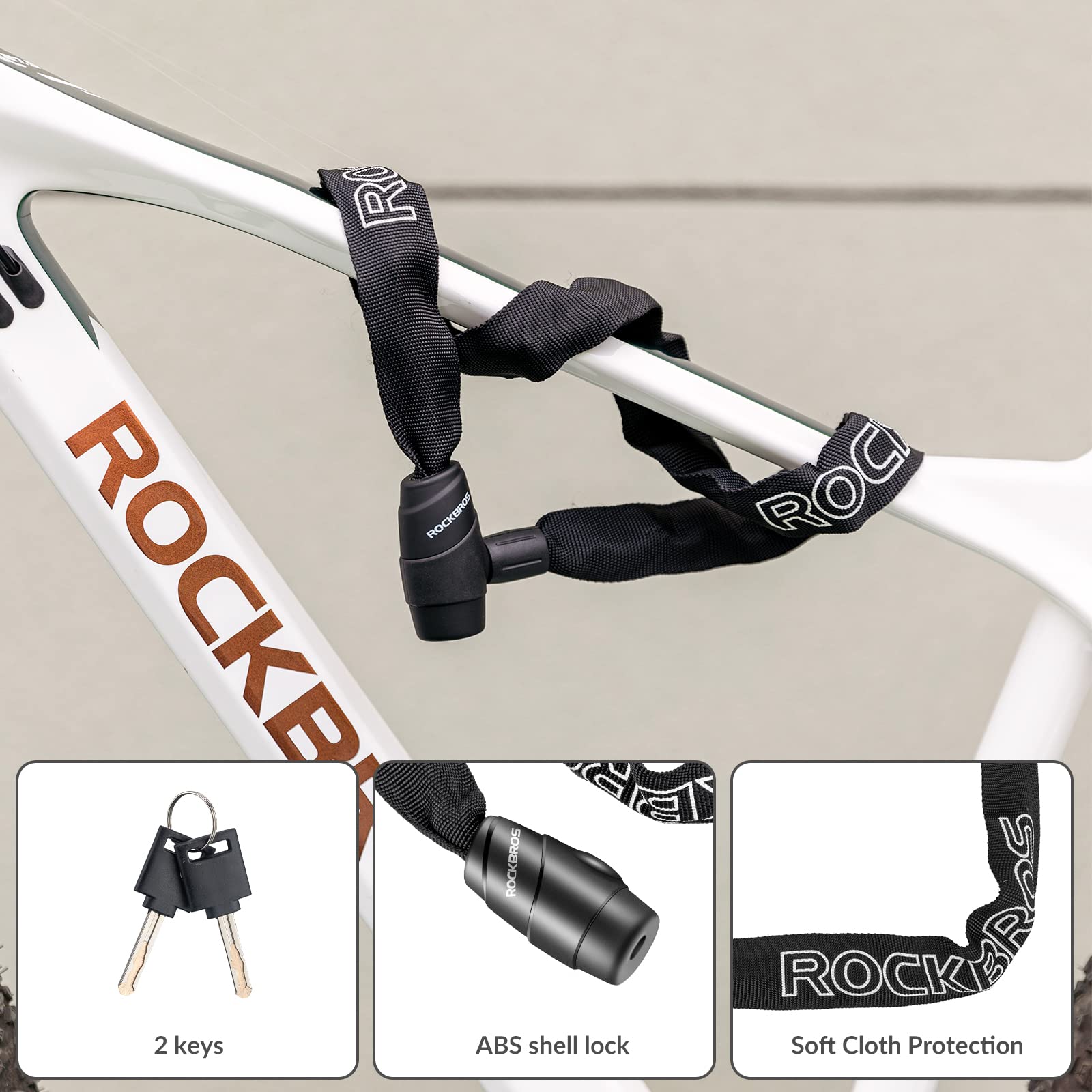 ROCKBROS Lucchetto Bici con Chiavi, Catena Antifurto in Acciaio 95cm/15.61mm, con 2 Chiavi, per Bicicletta E-bike Moto Scooter Monopattino Elettrico