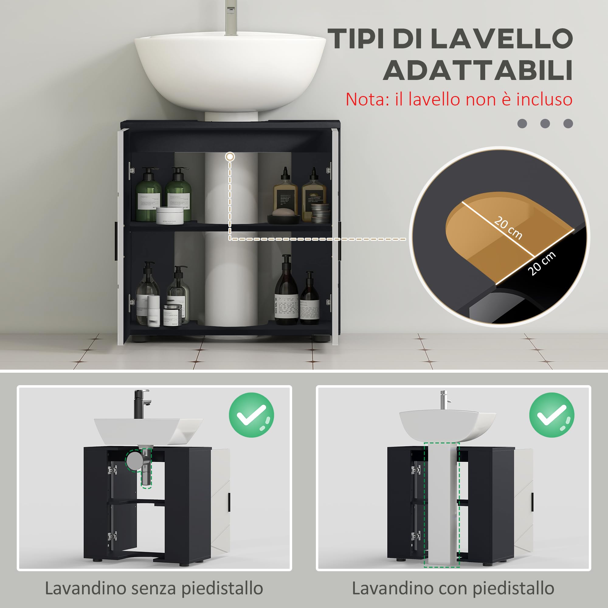 kleankin Mobiletto Bagno Sottolavabo con Armadietto 2 Ante, Mobile Sottolavadino a Piedistallo in Legno con Mensola Regolabile, per Lavabi con o Senza Colonna, 60x30x60cm, Grigio