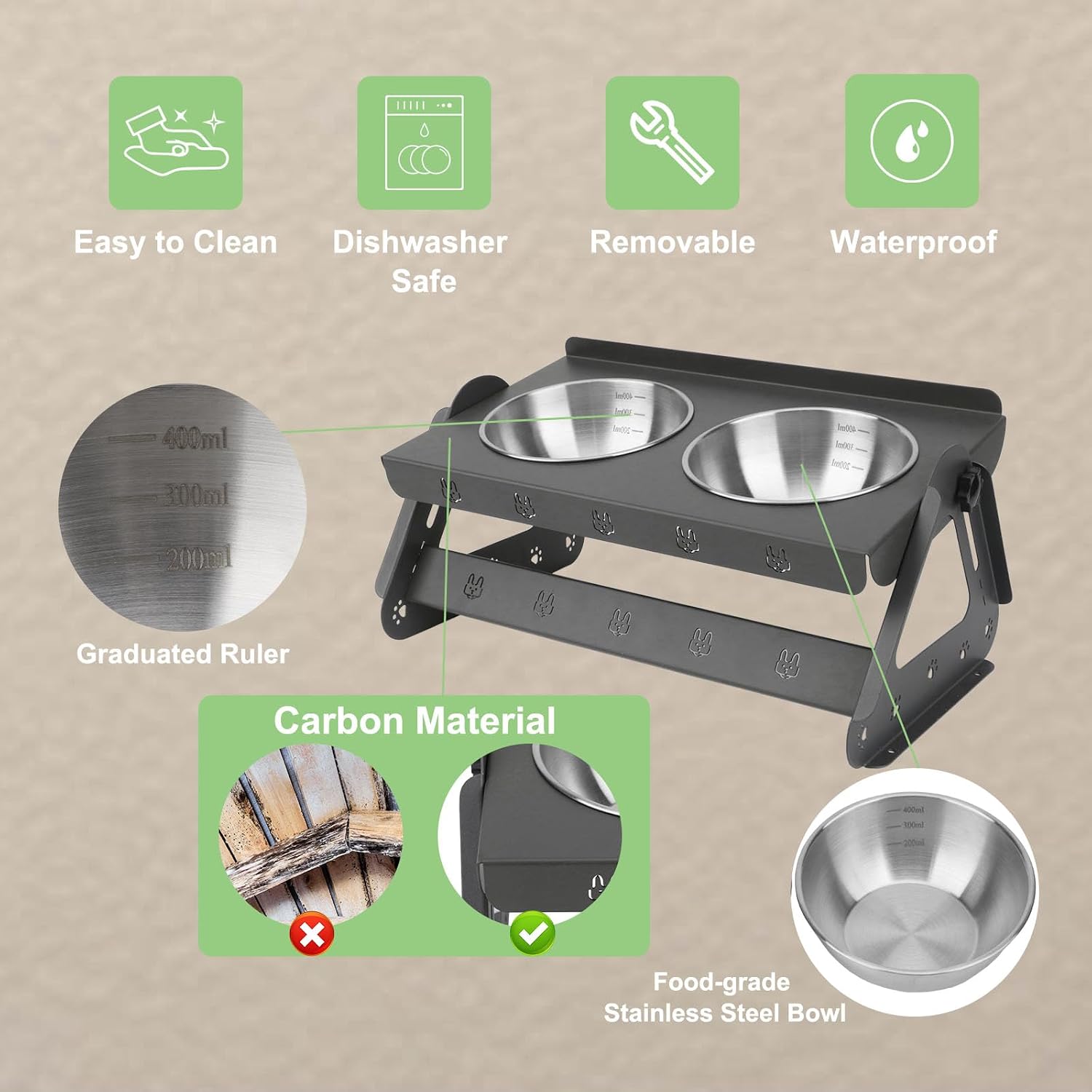 Hypeety Elevated Cat Bowls Stainless Steel Raised Feeding Station with Carbon Steel Stand Whisker Friendly Adjustable Angle 15° Tilted Anti-Vomiting Bowls for Indoor Cats and Puppy