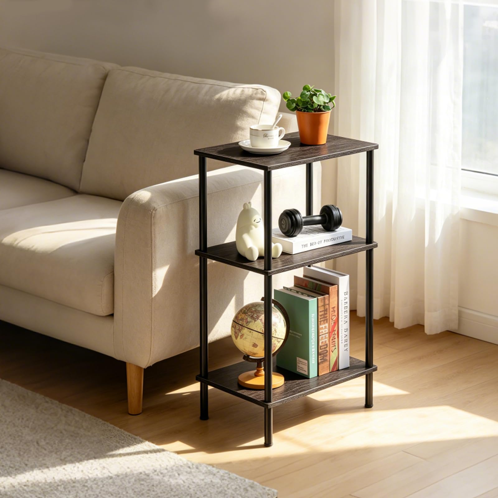 Tavolino alto per piccoli spazi, tavolo alto a 3 livelli con ripiani aperti per soggiorno, comodino industriale nero, tavolino alto, 40 × 32 × 76,5 cm