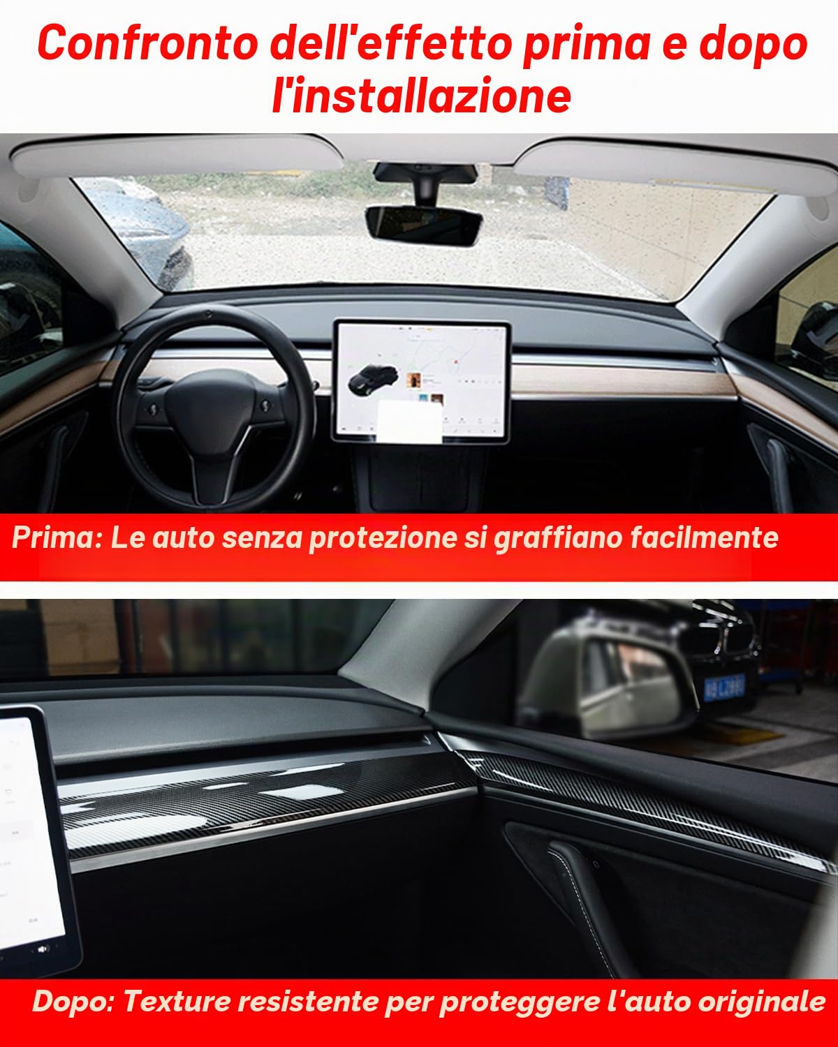 Copertura per cruscotto e rivestimento interno della portiera anteriore compatibile con Tesla modello 3/y (Motivo in fibra di carbonio lucida)