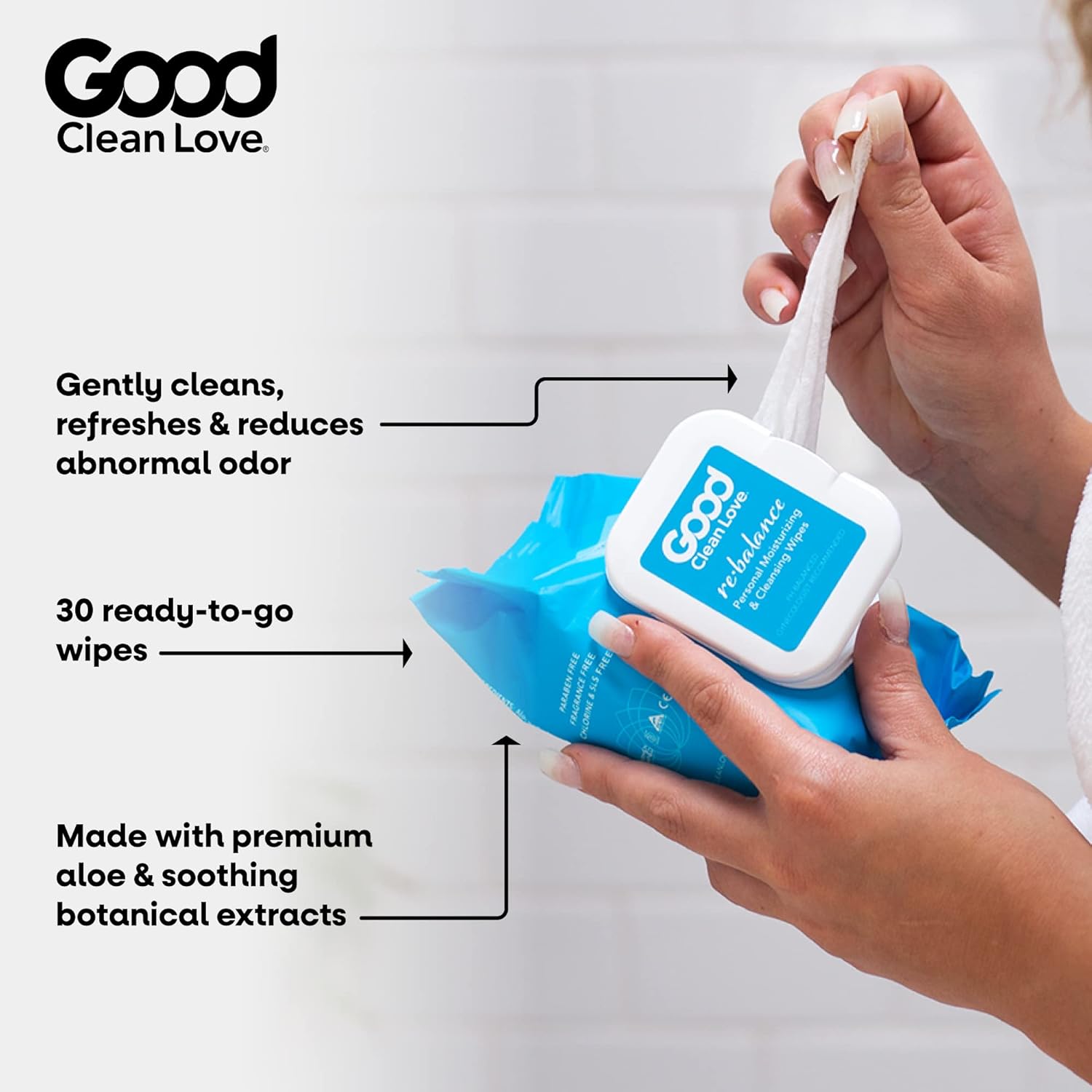 Good Clean Love Rebalance Personal Moisturizing & Cleansing Wipes, Naturally Reduces Odor & Supports Vaginal Health, pH-Balanced Feminine Hygiene Product, 30 Wipes : Health & Household