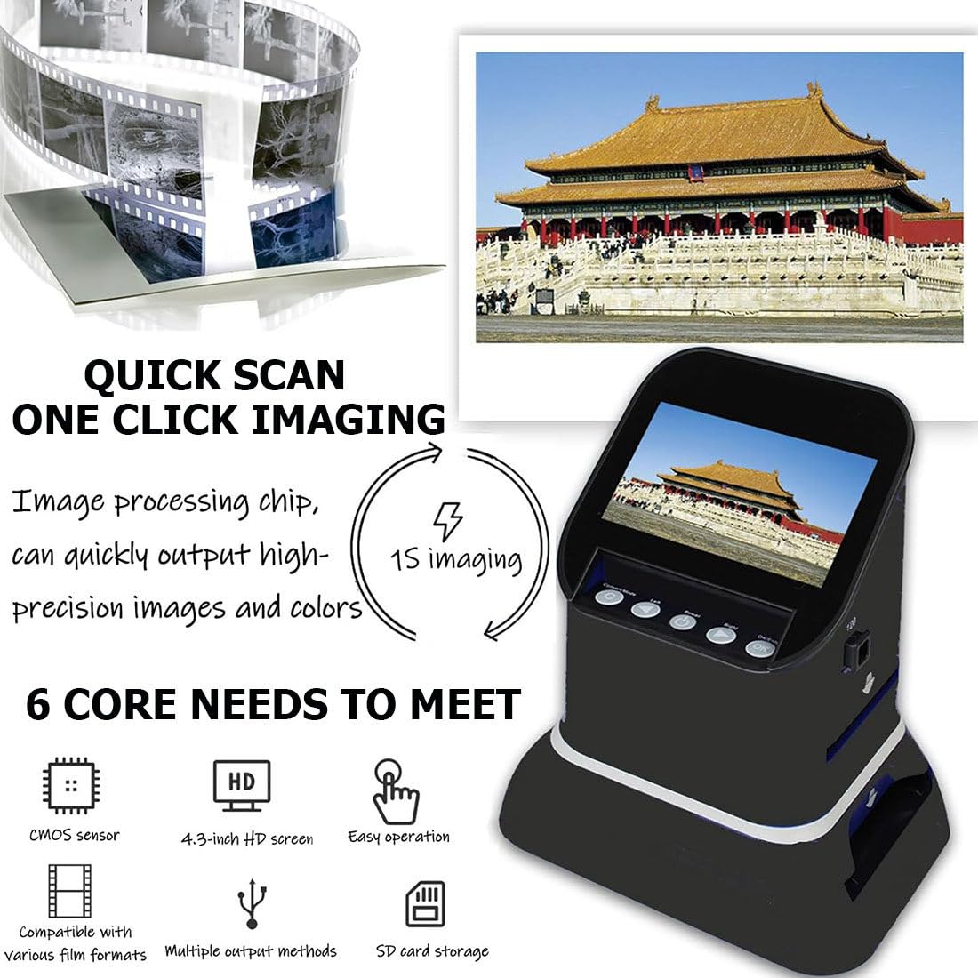Scanner per Diapositive E Negativi,Scanner Film Ad Alta Risoluzione 120,Scanner Fotografico per Diapositive Negativi da 22 Megapixel,con Schermo LCD 4,3"