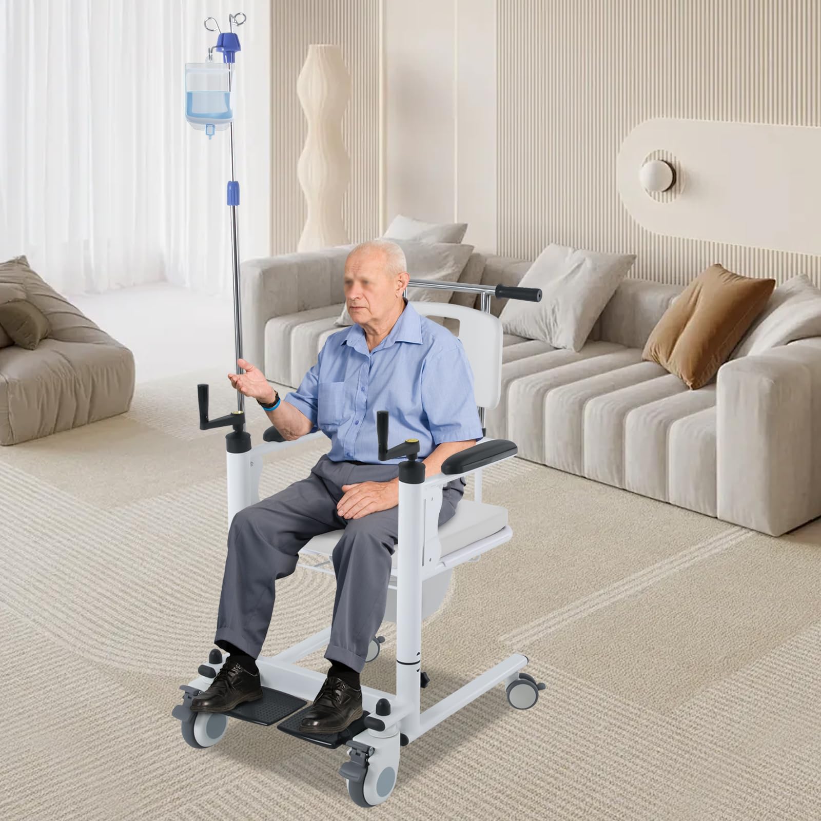 Silla elevadora de pacientes con altura regulable manualmente, asiento dividido de 180°, silla de ruedas multifunción con frenos, hasta 120 kg, para personas mayores, discapacitados, cuidado en casa