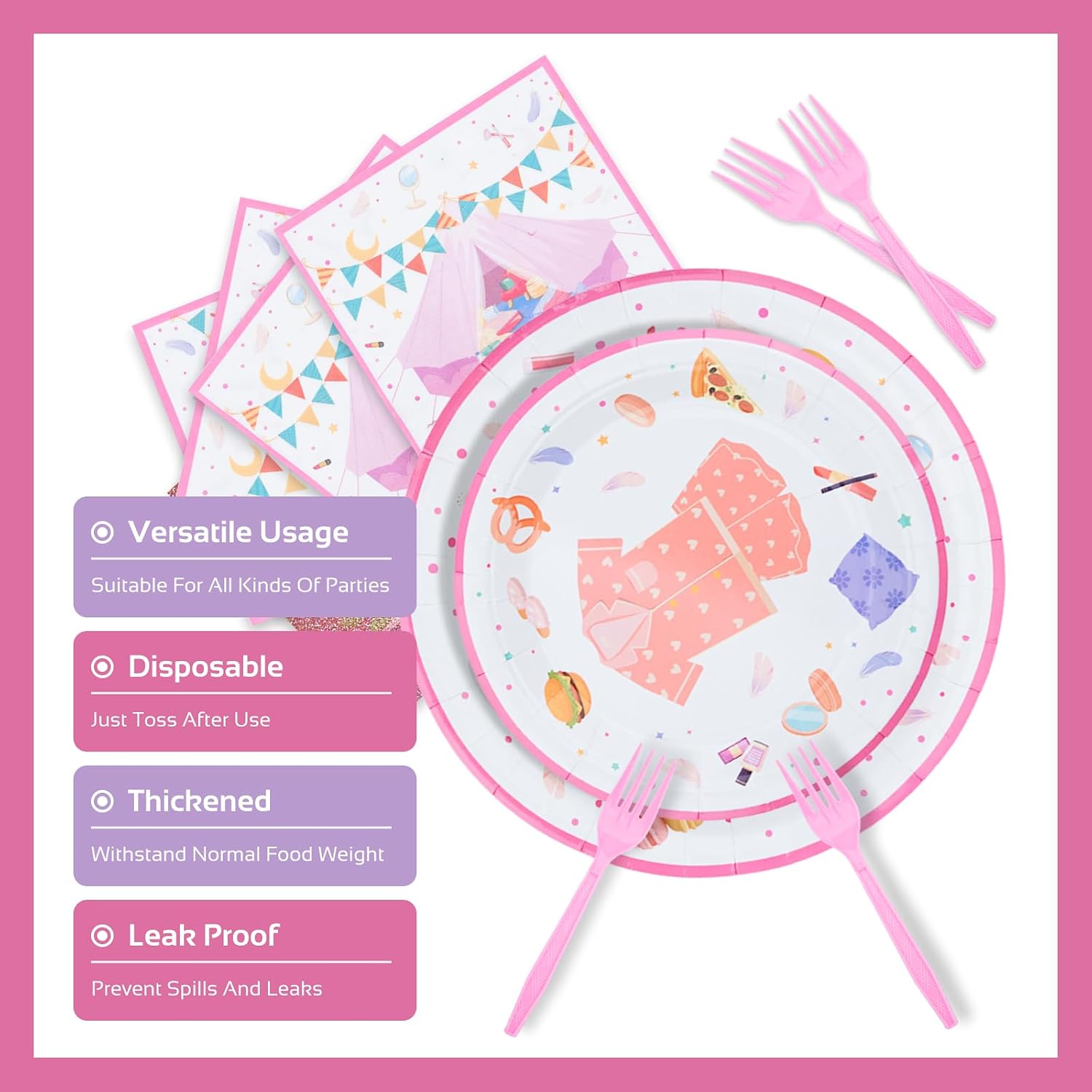 Pajama Party Decorations - Girls Sleepover Party Tableware Set Includes Plates, Forks, Napkins, For Pajamas Themed Slumber Party Decor Supplies | Serve 24