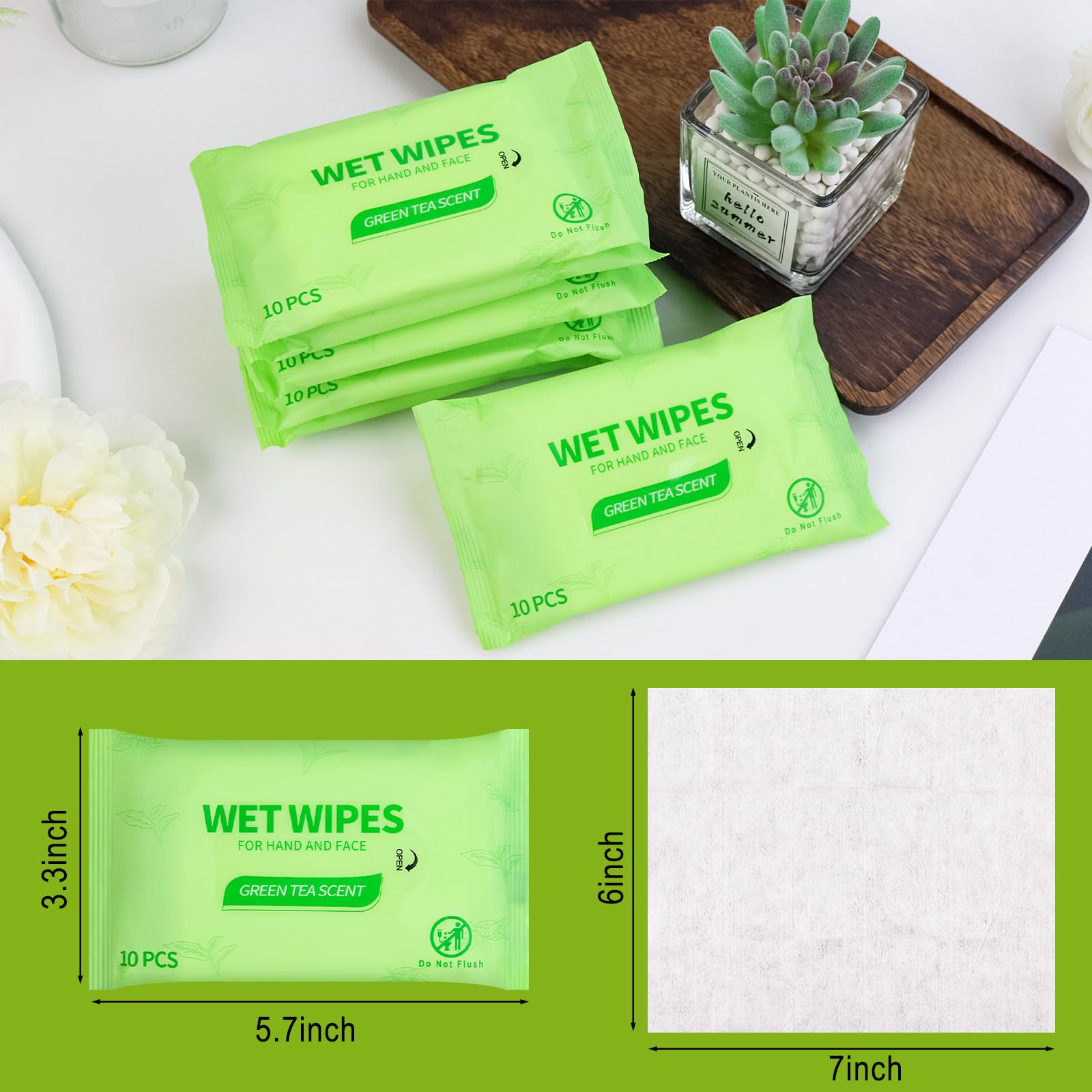Paquete de 50 toallitas húmedas para la cara, limpia las manos de la cara rápidamente, 10 unidades, toallitas húmedas de té verde a granel para personas sin hogar, perfectas para senderismo, camping,