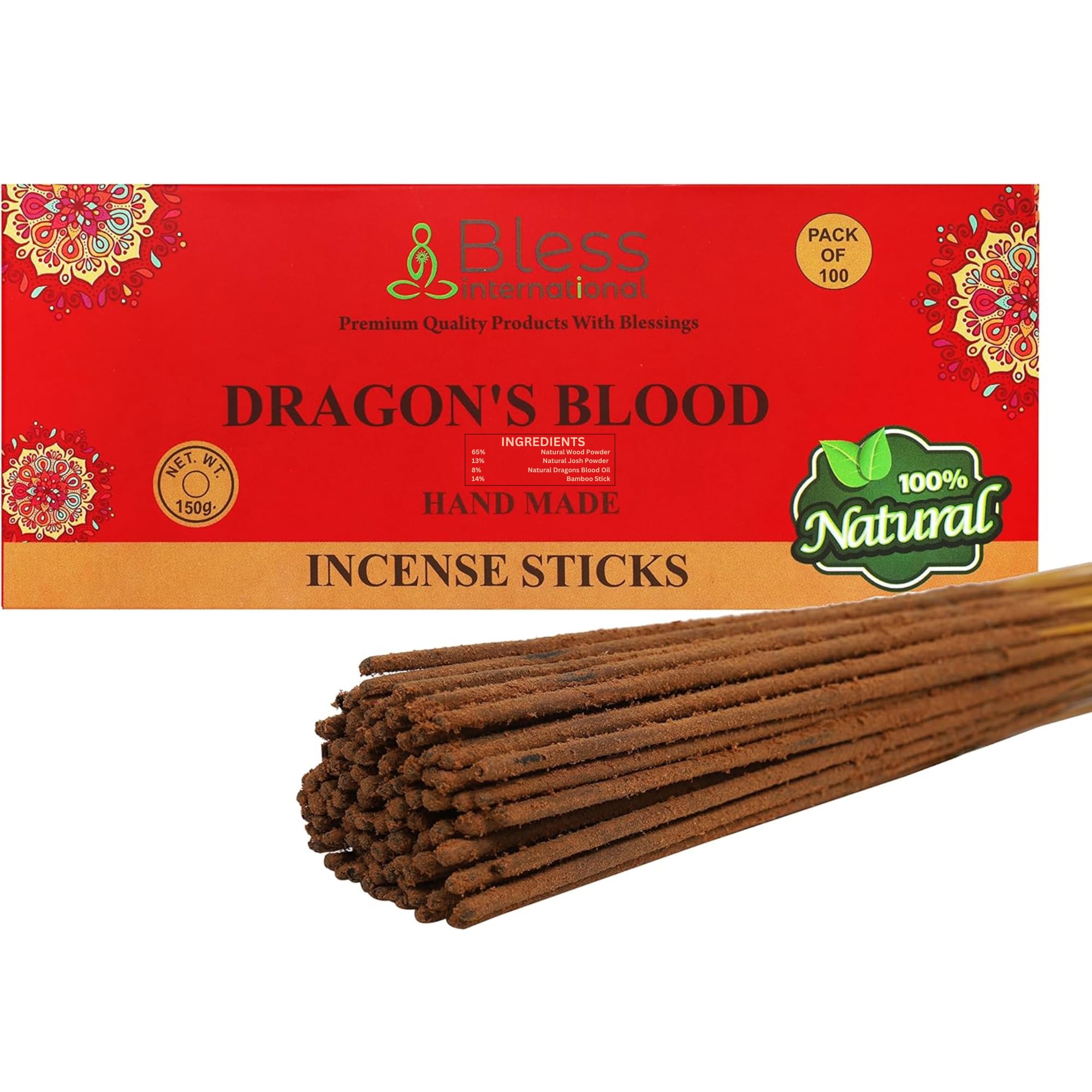 Bless-Dragons-Blood-Incense-Sticks 100%-Natural-Handmade-Hand-Dipped Organic-Chemicals-Free for-Purification-Relaxation-Positivity-Yoga-Meditation The-Best-Woods-Scent (100 Sticks (150GM))