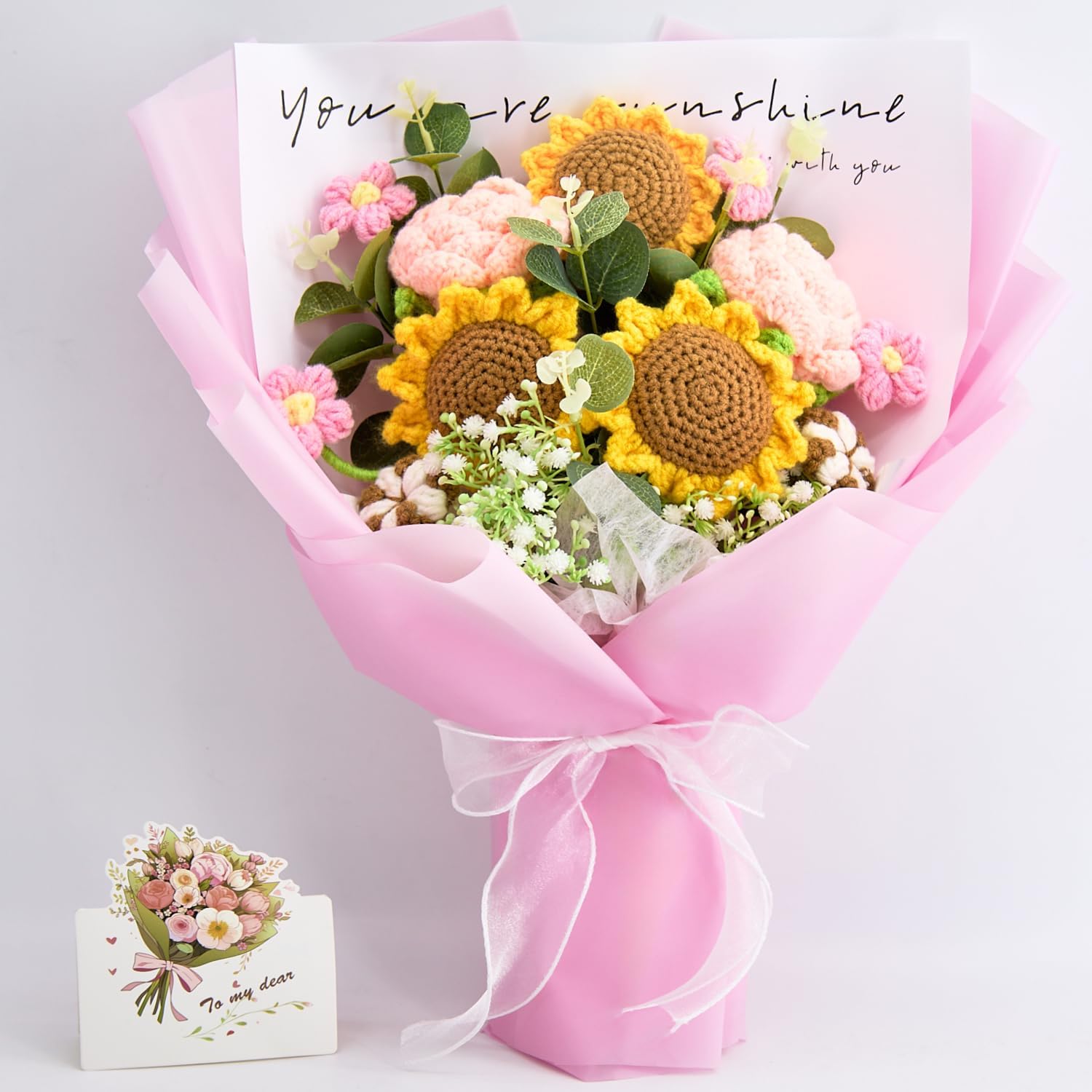 YSHomy Crochet Flowers Bouquet, Crochet Flower Bouquet with Pink Roses&Sunflowers Forever Knitted Flower Gift for Mom, Girlfriend, Wife, Birthday, Ready to Gift with Card