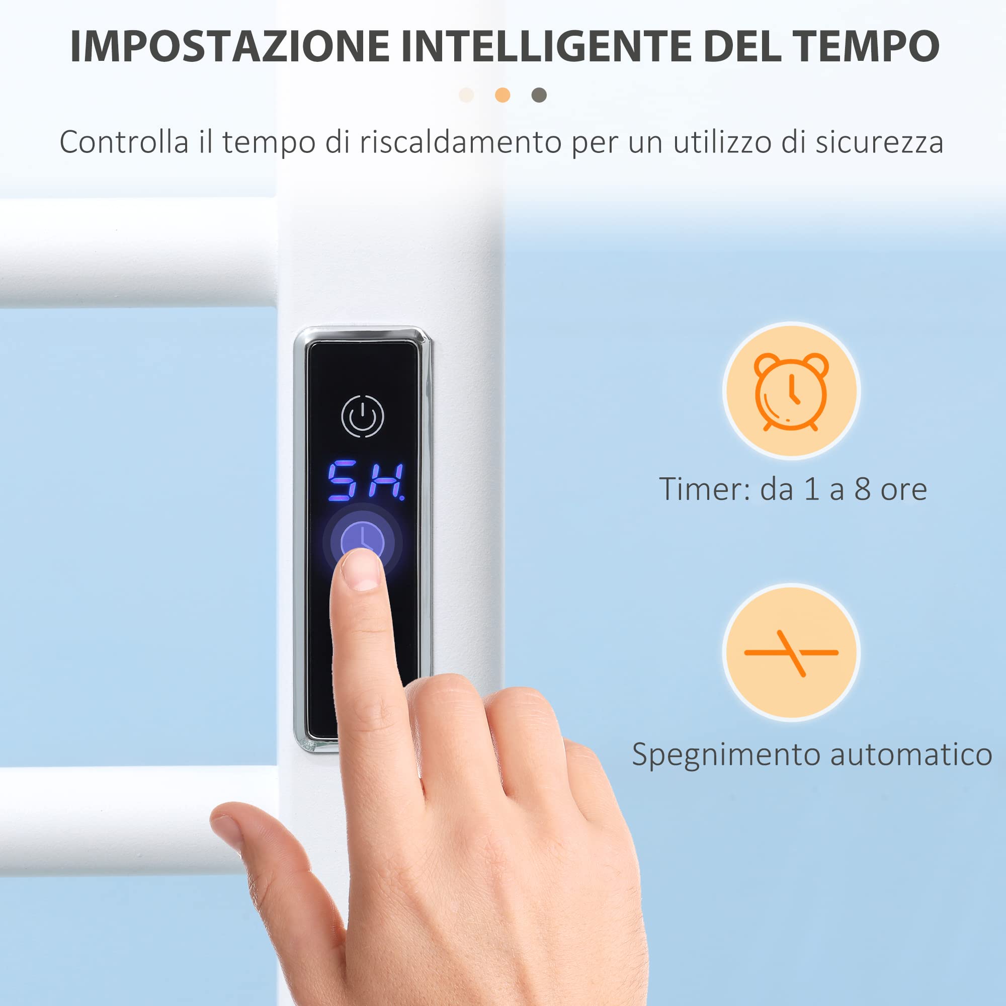HOMCOM Scaldasalviette Elettrico a 8 Barre, Portasciugamani Riscaldato con Timer e Controllo Temperatura, in Acciaio al Carbonio, 50x45x90 cm, Bianco