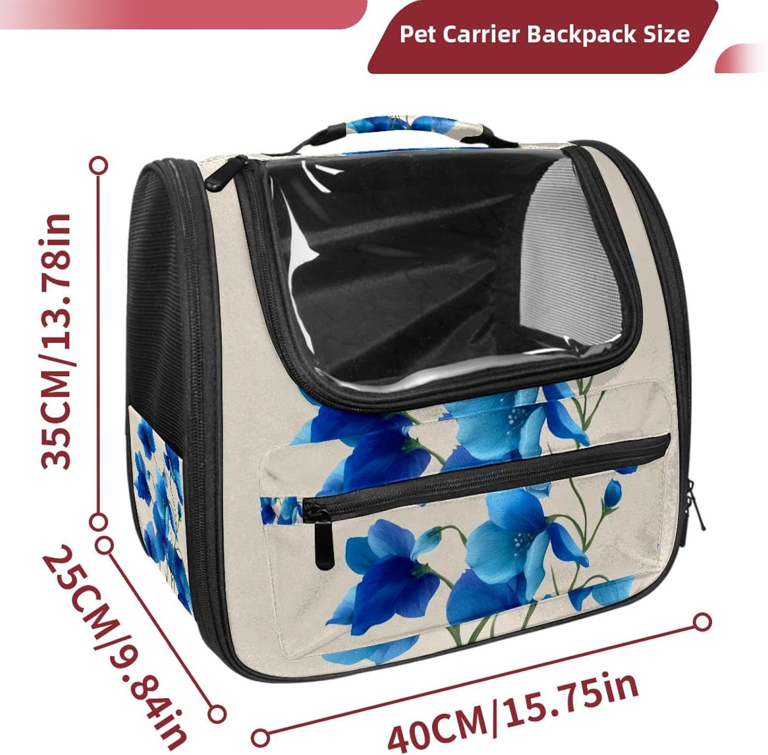 Cat Backpack Carrier for Small Dogs Cats, Soft-Sided Pet Carrier Backpack with Ventilated Mesh Windows and Safety Leash, Vintage Blue Flowers with Green Stems