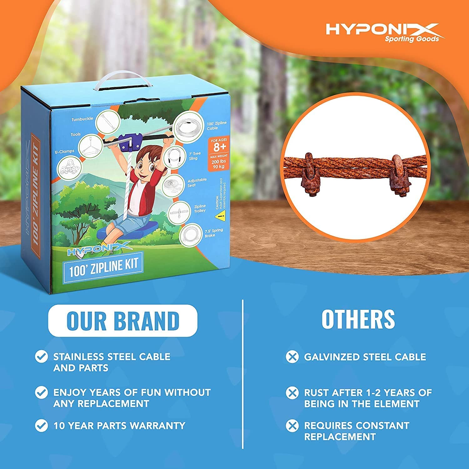 Hyponix 160/120' Zipline Kits for Backyard for Adults / Kids - 100% Stainless Steel - Zip Line - Backyard Zipline Kit for Kids - Zipline for Kids Outdoor - Zip Lines for Backyard Kids and Adults