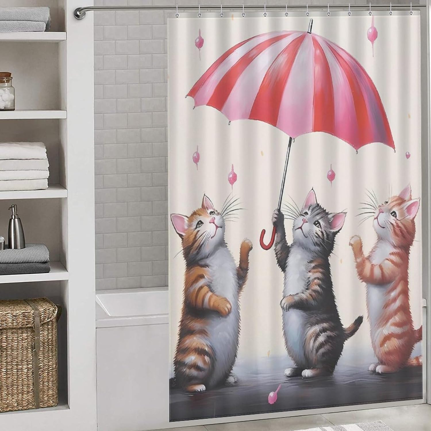 Cute Cats Dancing with Umbrella Funny Shower Curtains Washable Bath Curtain Liner with Hooks for Bathroom Bath Tubs