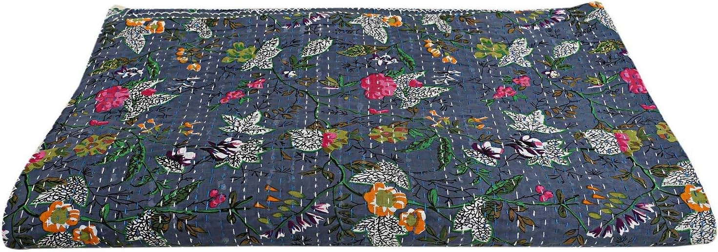 Indian Handmade Grey Paradise Floral Print Fabric Kantha Quilt Tribal Bed Cover Reversible Bedspread Blanket Coverlet 90x60 Inches