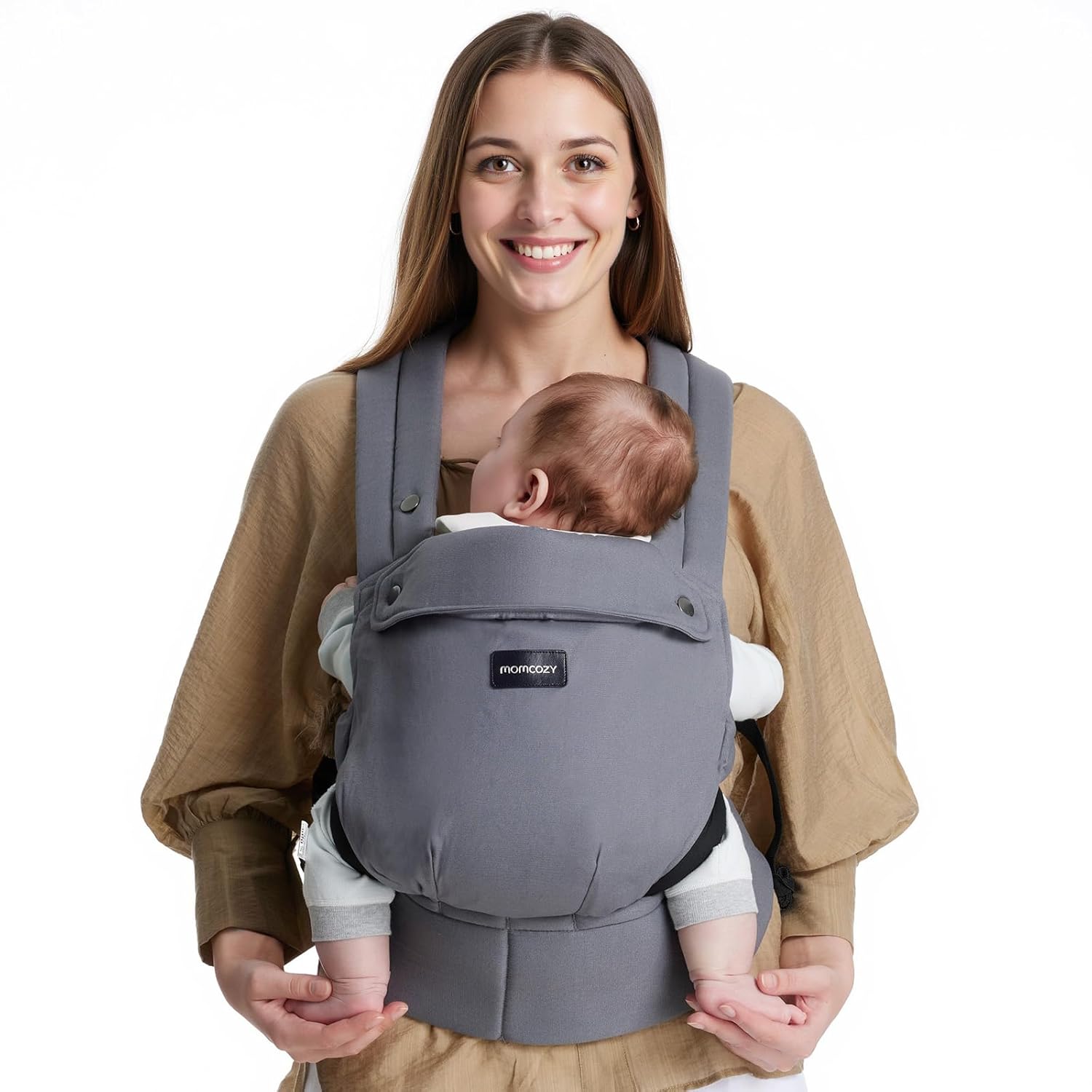 Momcozy Baby Carrier - Ergonomic, Cozy and Lightweight Carrier for 7-44lbs, Effortless to Put On, Ideal for Hands-Free Parenting, Enhanced Lumbar Support, Purehug for Infant to Toddler, Grey Cotton-Grey