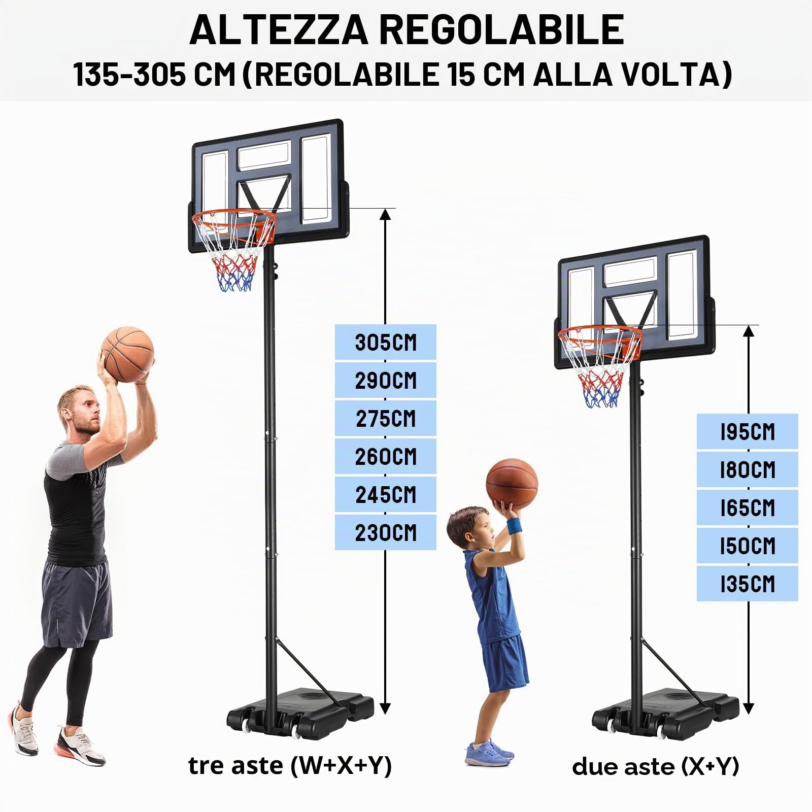 LIFERUN Canestro Basket Esterno Interno Camera Portatile regolabile da 135 a 305 cm, adatto per adulti, ragazzi, bambini, per cortile, giardino, garage, interni