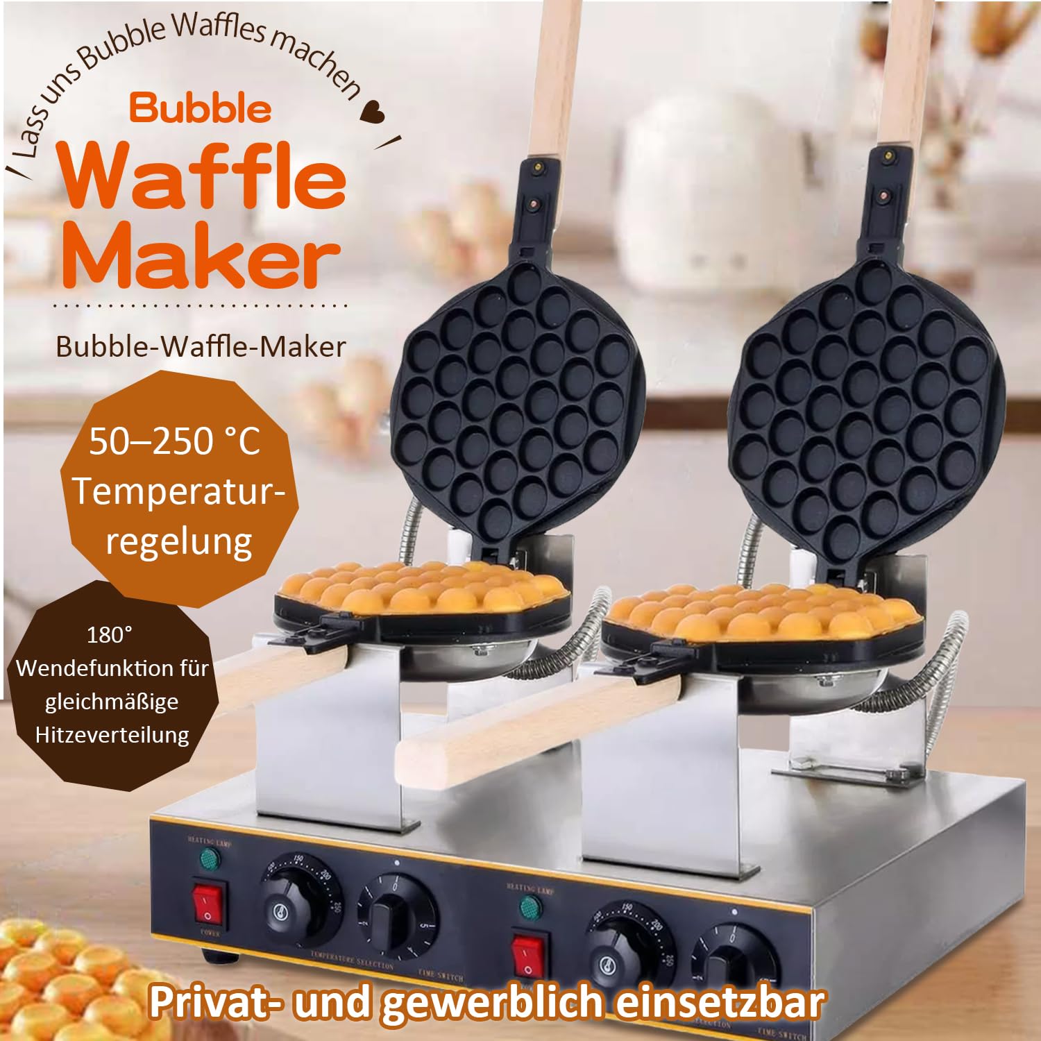 Kurflo kommerzielles Bubble Waffeleisen mit Doppelkopf, 180° drehbar, 1400W, Waffelplatten, Waffel Maker, mit Antihaftbeschichtung & Timer, für Cafe/Dessert-Shop/Restaurant, 50-250 °C