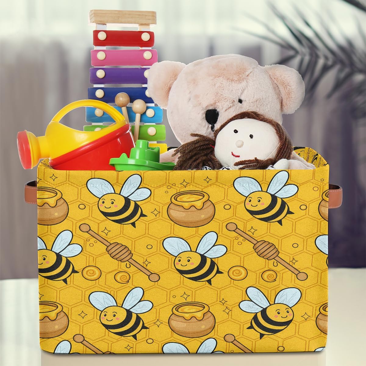 AUUXVA Storage Basket Animal Bee Honeycomb Beehive Geometric Pattern Storage Cube Box Durable Canvas Collapsible Toy Basket Organizer Bin with Handles for Shelf Closet Bedroom Home Office