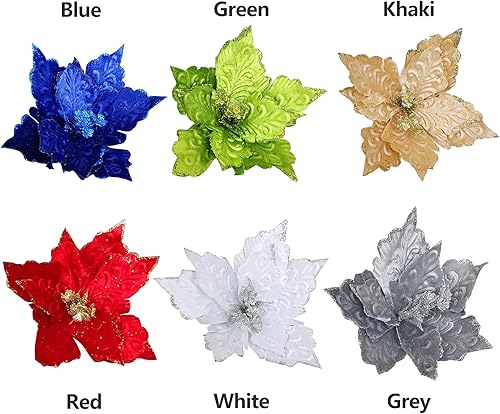 Miniatura 5 de 6 flores de Pascua artificiales con purpurina, flores de Navidad azules, decoración floral de árbol de Navidad para corona, arreglo floral, jarrón