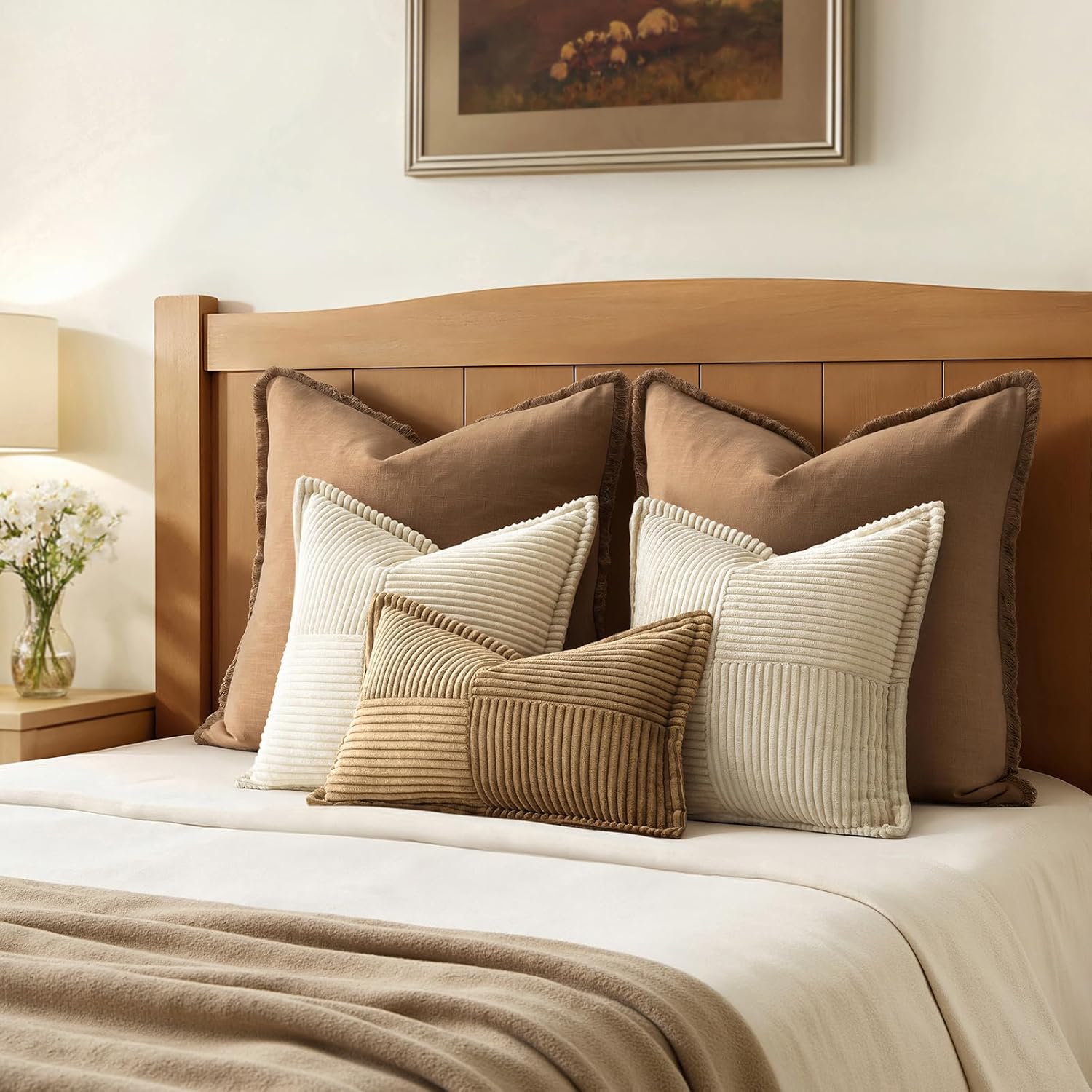 MIULEE Decorative Throw Pillow Covers for Couch Bed Livingroom 16x16 Inch Set of 2 Beige Boho Accent Throw Pllows Broadside Striped Patchwork Soft Corduroy Pillowcases - Image 6