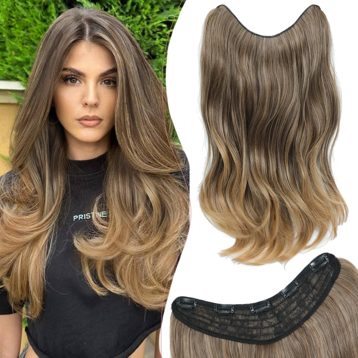 VEGALILY 20inch Hair Extensions 1PCS U-shape Clip in Hair Extension Layered Wavy Hair Extensions Clip in Soft Hair Extension synthetic Fiber Hairpieces for women (Rich Brown with Light Tail)
