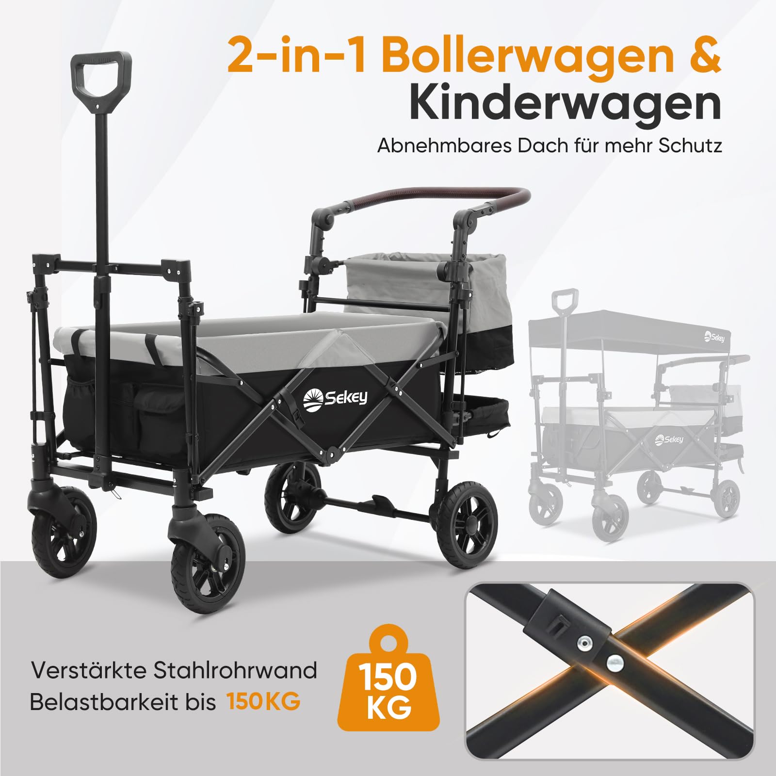 Sekey Faltbarer Bollerwagen Kinder mit 150KG Tragkraft, Handwagen Klappbar für Kinder mit Schiebegriff und Bremsen, TP5050, Schwarz mit Grau