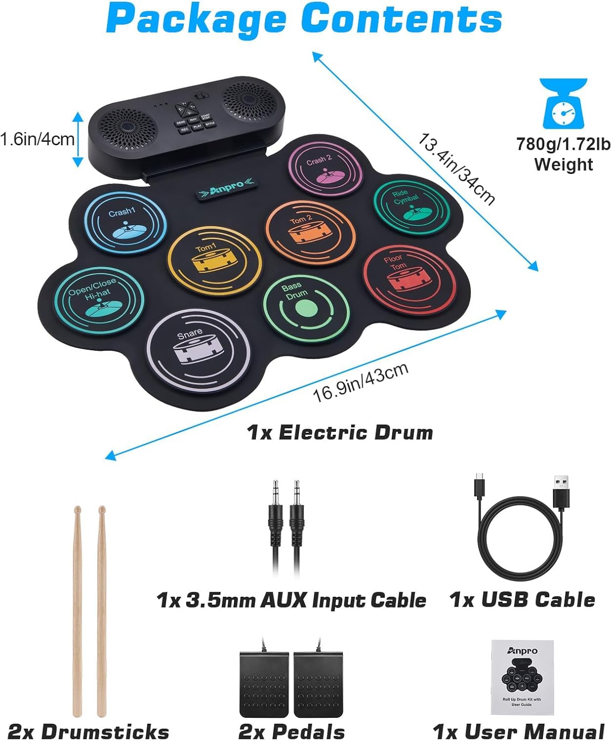 Juego de batería eléctrica, 9 almohadillas de batería con altavoces estéreo duales, kit de batería electrónica enrollable con pedales de tambor, soporte para auriculares/Bluetooth/MIDI, regalo 3