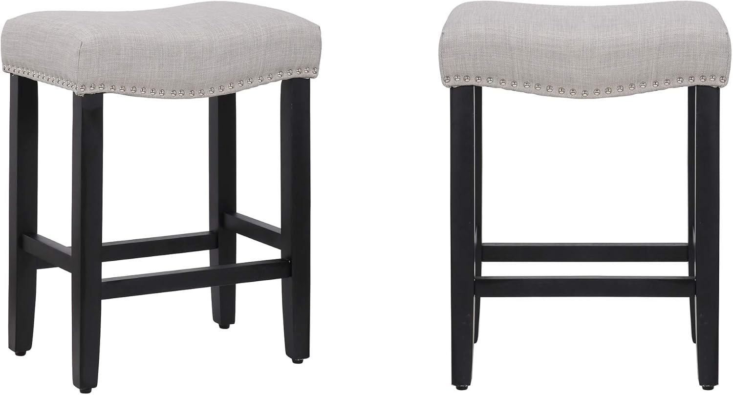 WestinTrends Counter Height Black Bar Stools Set of 2, 24 Inch Modern Farmhouse Wooden Saddle Stool Chair, Linen Upholstered Cushion with Solid Wood Leg for Home Kitchen Bar Counter Decor, Gray