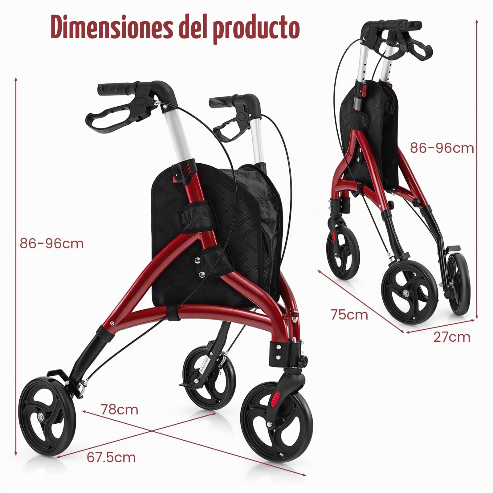 HOMASIS Andador Plegable Ligero de 3 Ruedas, Altura Ajustable, Andador de Aluminio con Bolsa de Almacenamiento para Ancianos, para Todo Tipo de Terreno (Rojo)