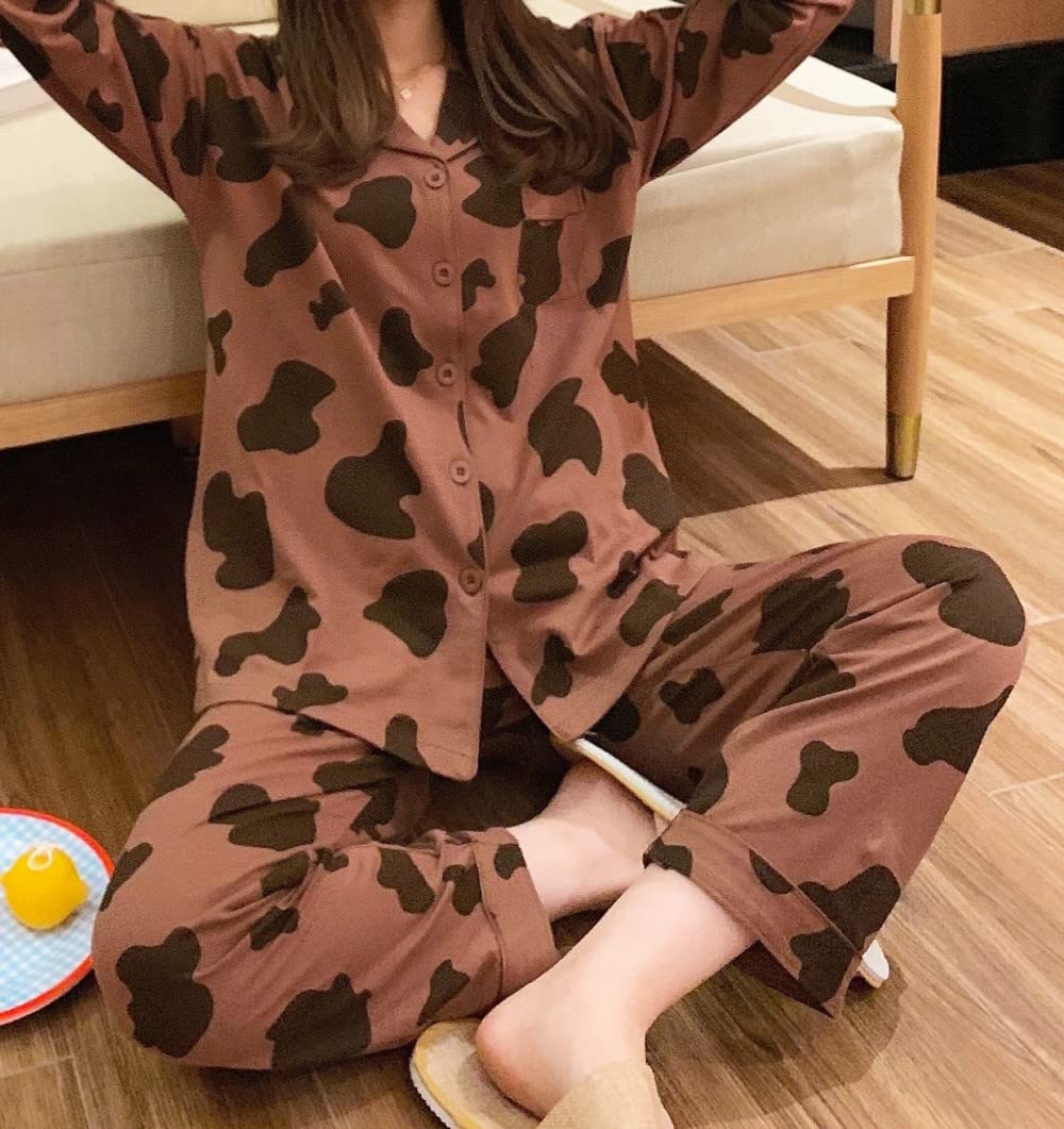 Pijamas Para Mujer Conjunto De Pijama De Poliéster Con Solapa Con Estampado De Vaca Marrón Para Mujer Pijama De Manga Larga Simple Regular Suelto Para Mujer Conjunto De Dos Piezas Regalo De Festiv