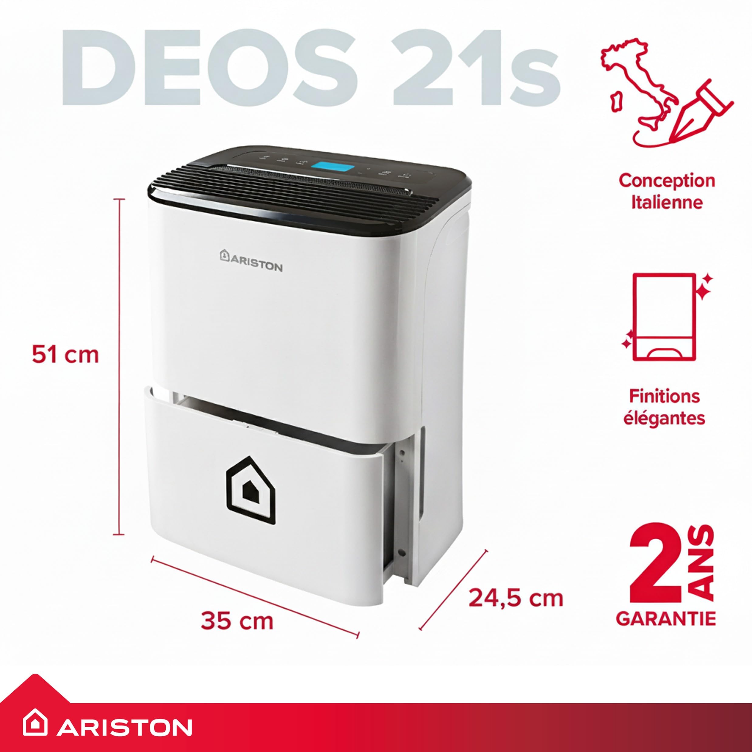 Ariston Deos 21S Net WiFi - Déshumidificateur Portable Haut de gamme 21L - Contrôle Électronique du niveau d’Humidité - Fonction Buanderie, Silencieux, pour des pièces allant jusqu'à 52 m²
