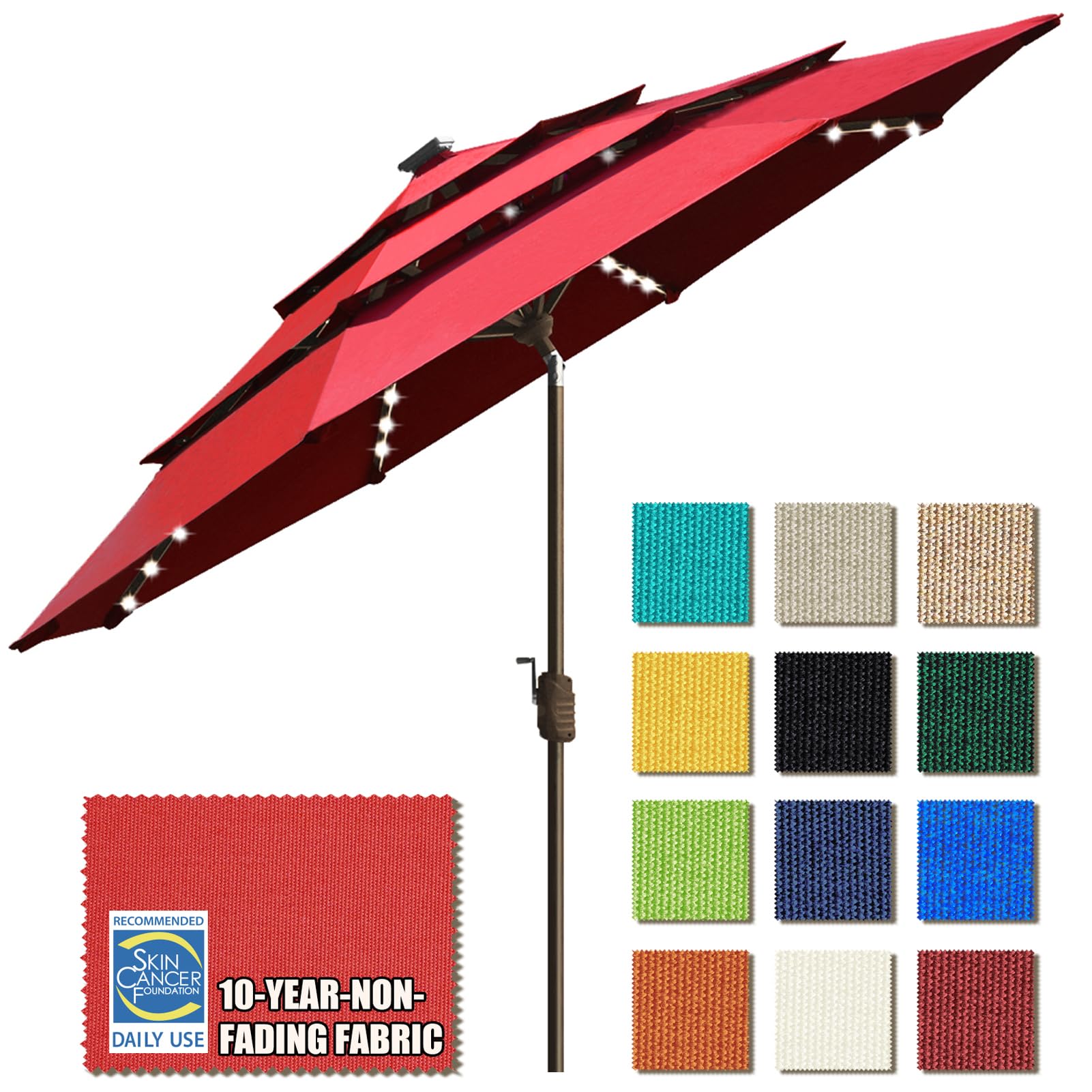 EliteShade USA 10-Year-Non-Fading Solar 9ft 3 Tiers Market Umbrella with 80 LED Lights Patio Umbrellas Outdoor Table with Ventilation,Logo Red