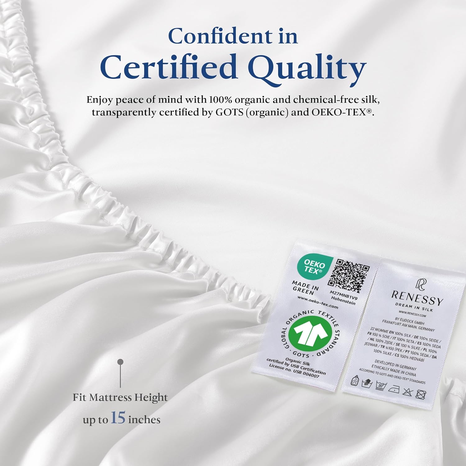 Premium Silk Fitted Sheet King Size - 100% Organic Mulberry Silk, 22 Momme, Grade 6A - Oeko-Tex Certified in Germany - Luxury for Skin - Fits up to 15 inch Mattress (Graphite Grey)