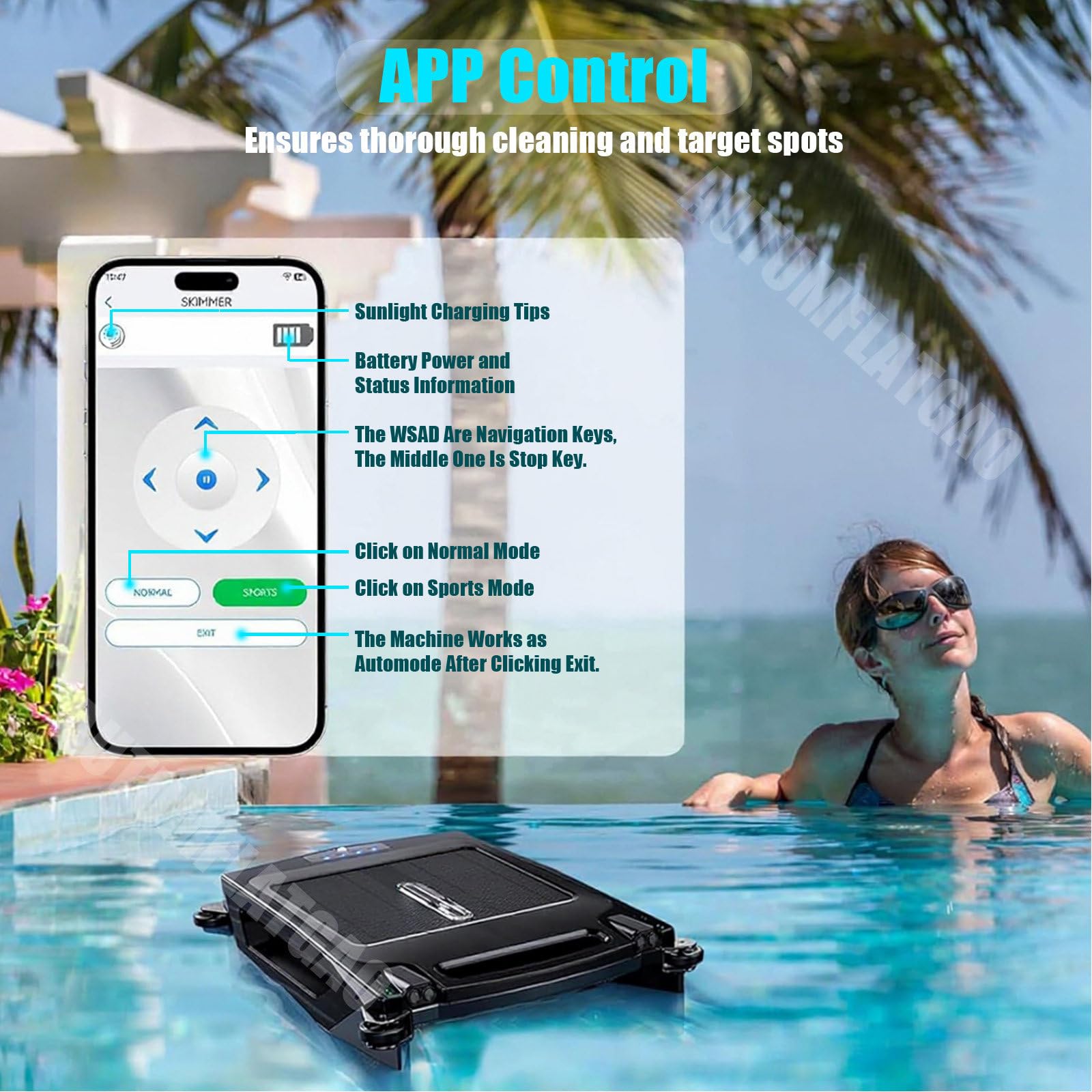 Robot Pulitore Piscina Solare, App Robot Piscina Senza Fili, Doppia Modalità Di Ricarica, Pulizia 24 Ore Su 24, 7 Giorni Su 7 per Tutte Le Piscine, Prevenzione Intelligente Degli Ostacoli