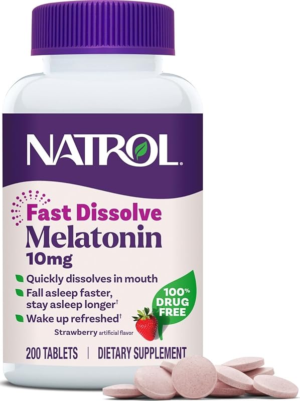 Melatonin 10 mg Fast Dissolve Tablets, Strawberry, 200 Count | Sleep Support for Adults, for Occasional Sleeplessness, No Water Needed, 100% Drug-Free, Non-Habit Forming