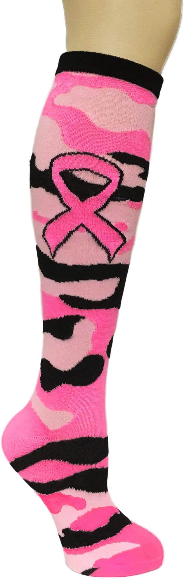 Breast Cancer Awareness Socks - Camo Camouflage Pink Ribbon Socks - Knee High for Women Men Youth - Matching Run Walk Events