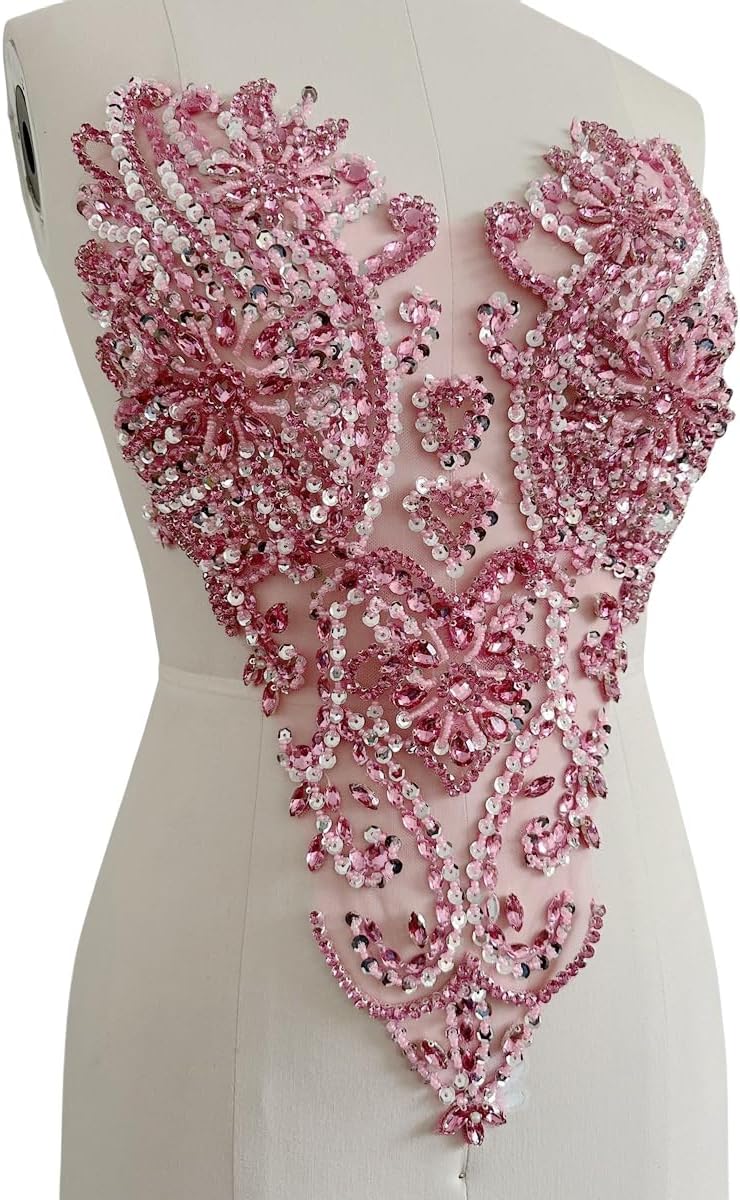 Handmade Shinning Rhinestones lace Applique Pure handsewing Beads Crystal Sequins Trim Patches Perfect Decoration Accessories (Pink)