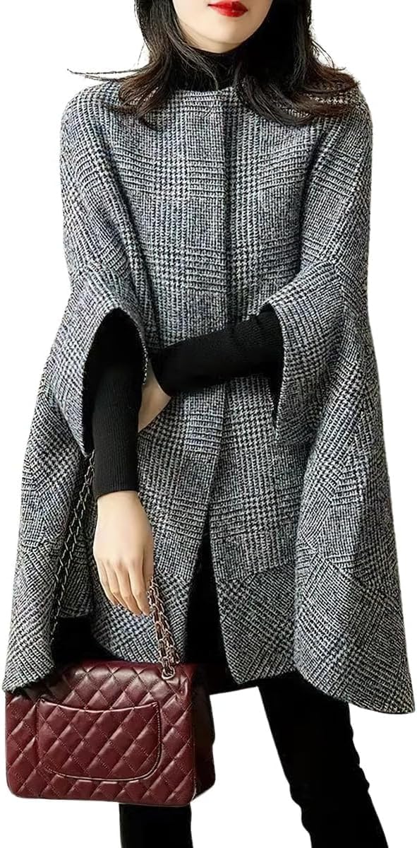 Elegante da Donna Plaid Monopetto Mantello Bottone Cappotto Classico Inverno Sette Quarti Manica Plaid Casual di Media Lunghezza Mantello