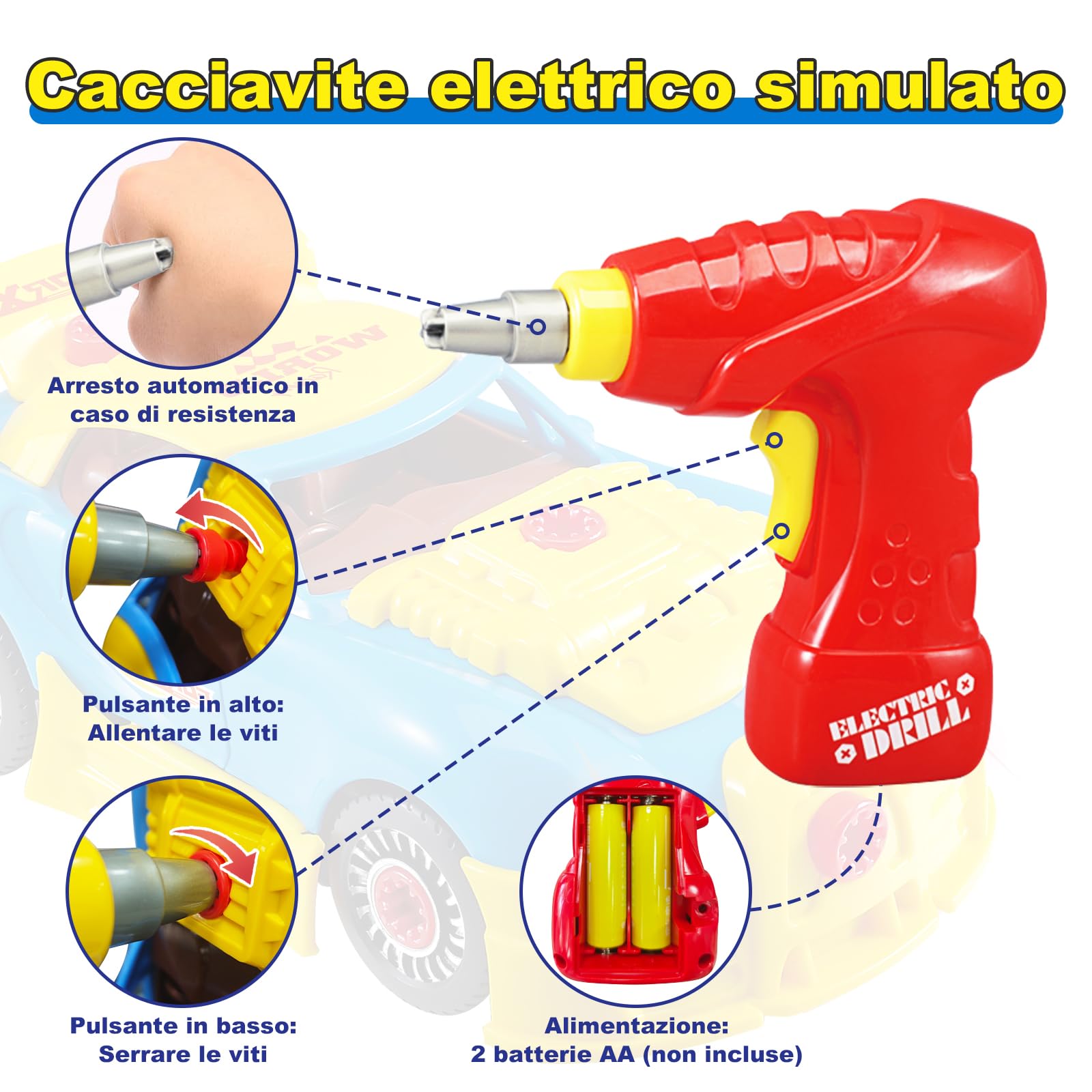 Pup Go Modellini Auto da Costruire per Bambini 3+ Anni, 30 Pezzi con Trapano Elettrico di Simulazione, Suono Realistico e LED, Costruisci Tua Auto Giocattolo, Migliori Regali per Ragazzi (Giallo)