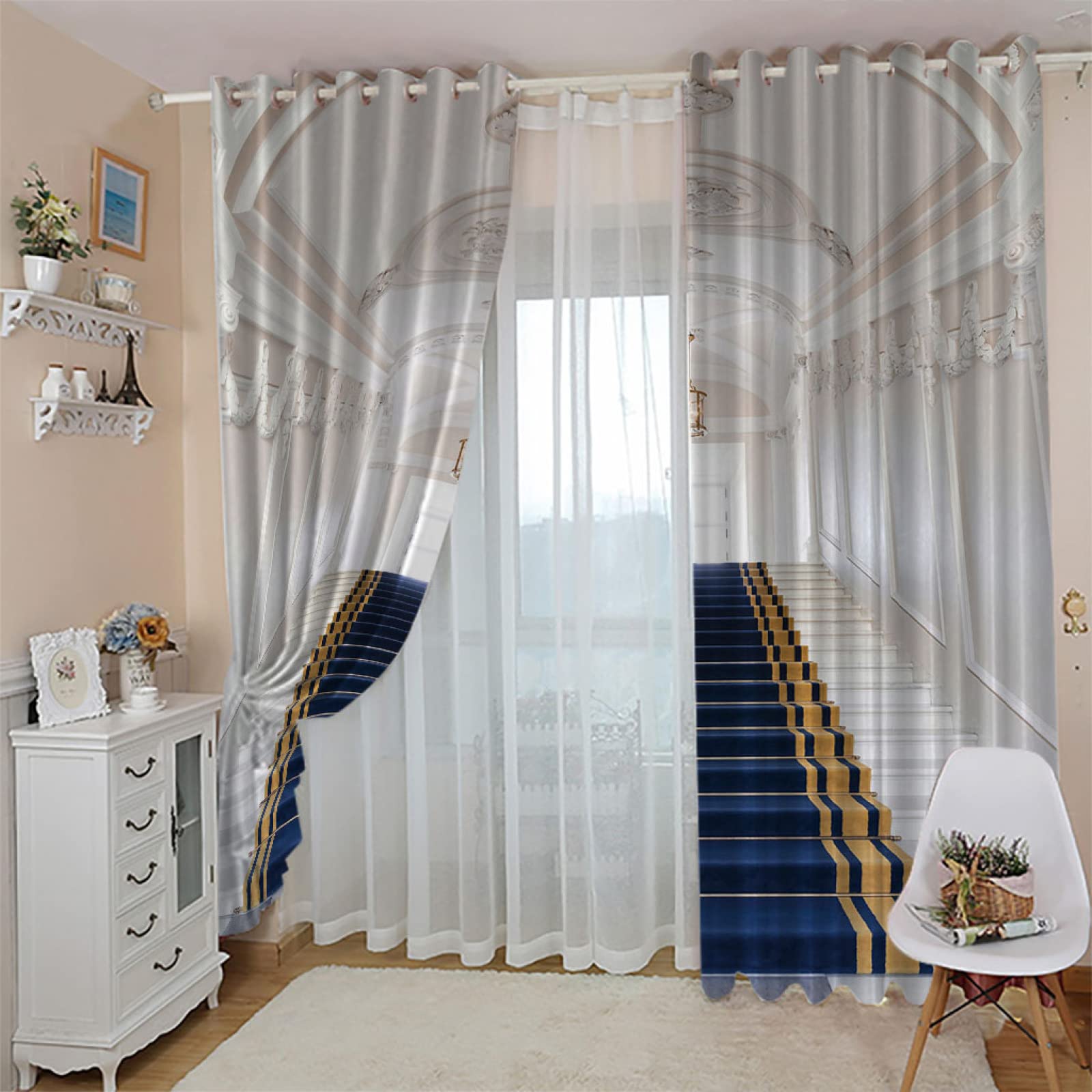 HOUKAI Vorhänge Kinderzimmer Mädchen, Wohnzimmer Vorhang, 220x210Cm 2Er Set, 3D Blauer Teppich Auf Der Treppe Blickdichte Vorhang Dekor, Gardinen Mit Ösen, Jungen Schlafzimmer, Verdunklungsvorhänge