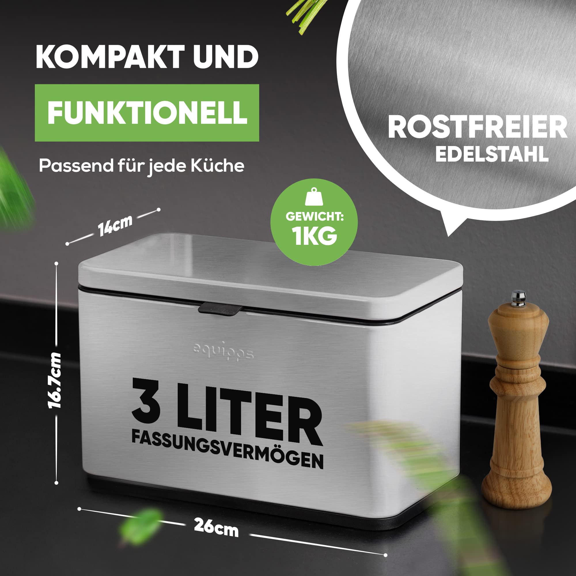 Bio Mülleimer 3L Silber | Komposteimer Küche für Bio Müll & Co | Mülleimer mit Geruchsfilter | Komposter für Abfall & Recycling | Biomülleimer Küche klein