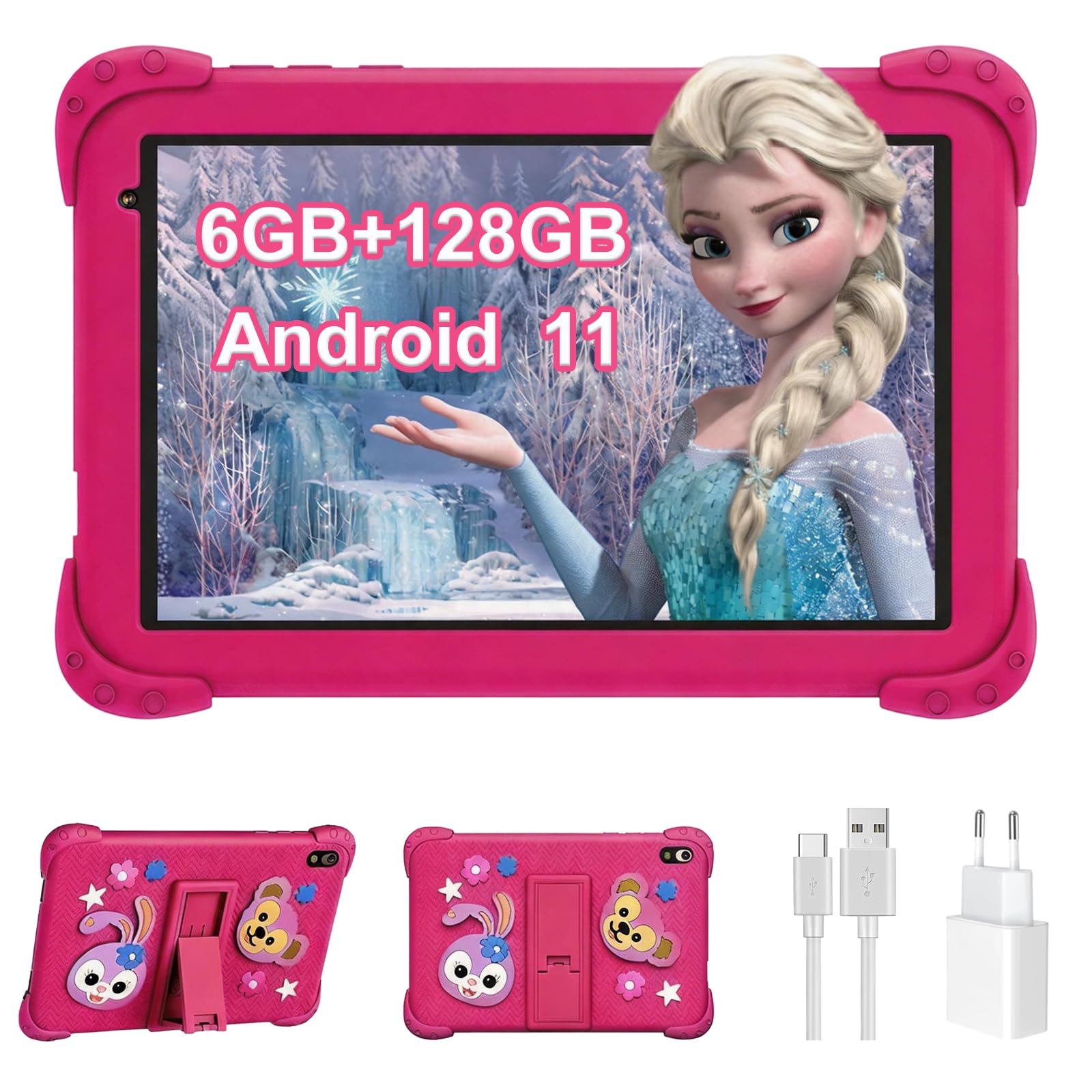 Kinder Tablet 8 Zoll mit WiFi Bluetooth 128 GB ROM 6 GB RAM Touchscreen Android 11 für Kinder 2 bis 10 Jahre,Kindersicherung,6000 mAh Es Wird mit Lern-Tablet mit Hülle,Rosarot