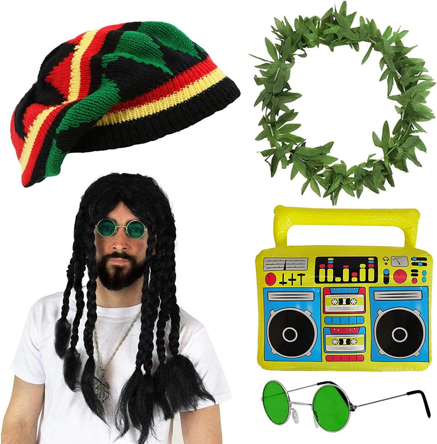 ILOVEFANCYDRESS RASTAFARIAN FANCY DRESS COSTUME ACCESSORY KIT - 5 PIECE RASTA COSTUME: HAT, HEMP NECKLACE, INFLATABLE BOOM BOX, FAKE DREADLOCK WIG & GLASSES