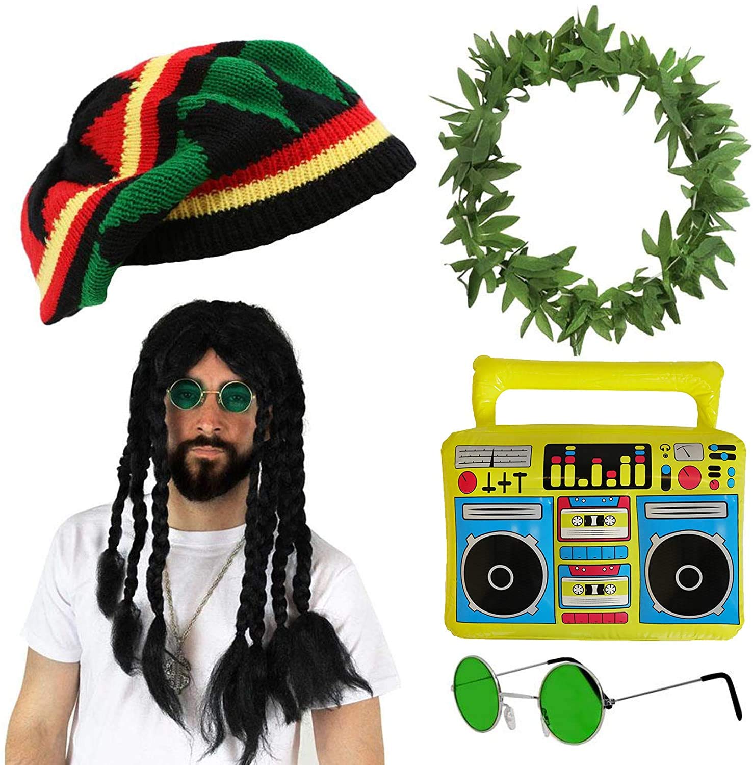 ILOVEFANCYDRESS RASTAFARIAN FANCY DRESS COSTUME ACCESSORY KIT - 5 PIECE RASTA COSTUME: HAT, HEMP NECKLACE, INFLATABLE BOOM BOX, FAKE DREADLOCK WIG & GLASSES