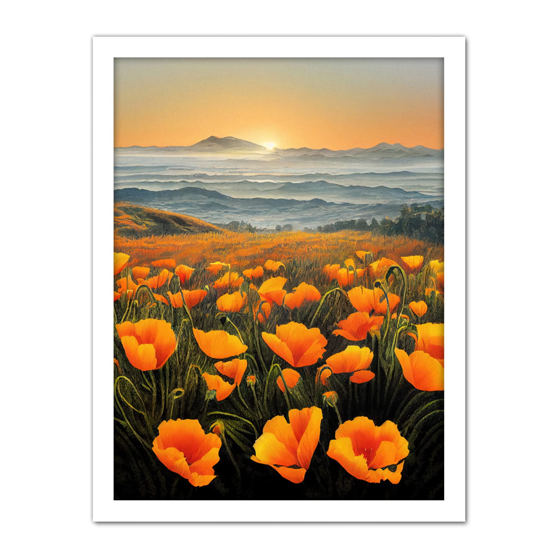 Doppelganger33 LTD Shoreline California Poppies At Sunrise Painting Artwork Framed Wall Art Print 18X24 Inch