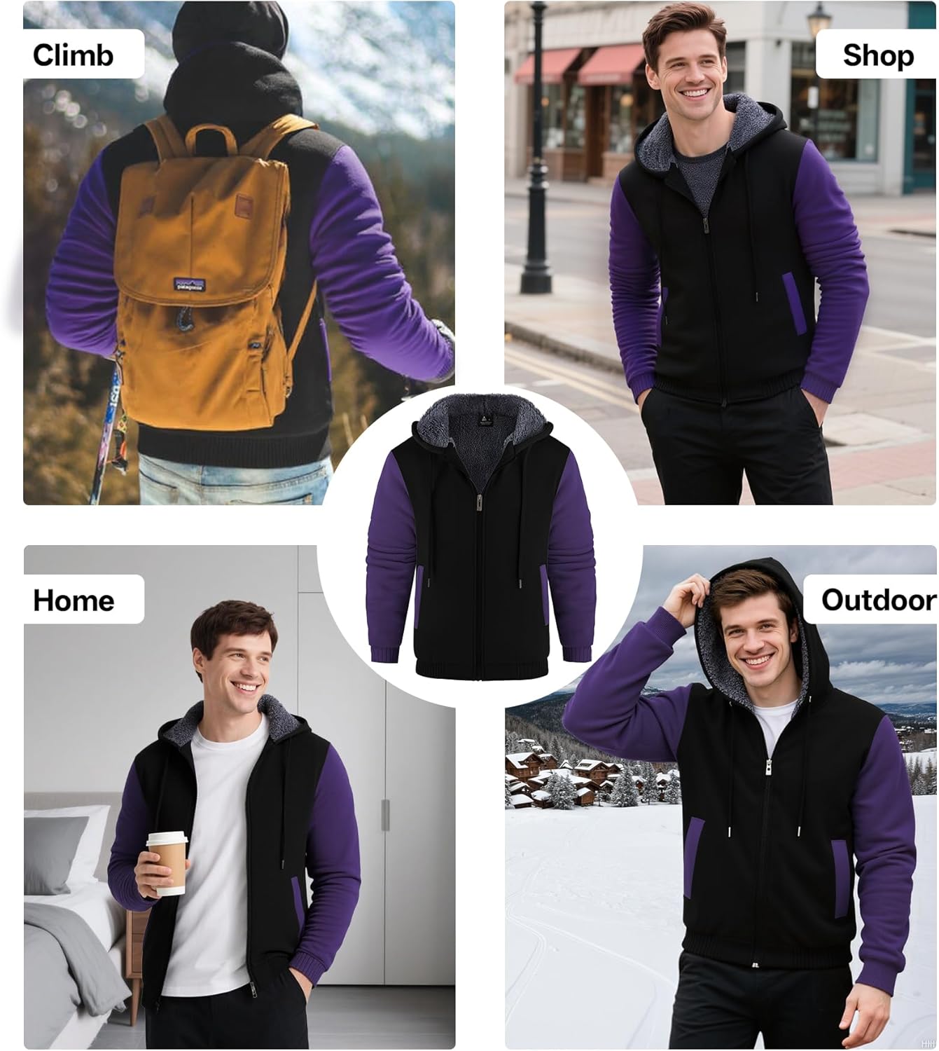 V VALANCH Men Hoodies Zip Up Sherpa Lined Sweatshirts Heavyweight Thick Warm Fleece Winter Jacket - Image 2